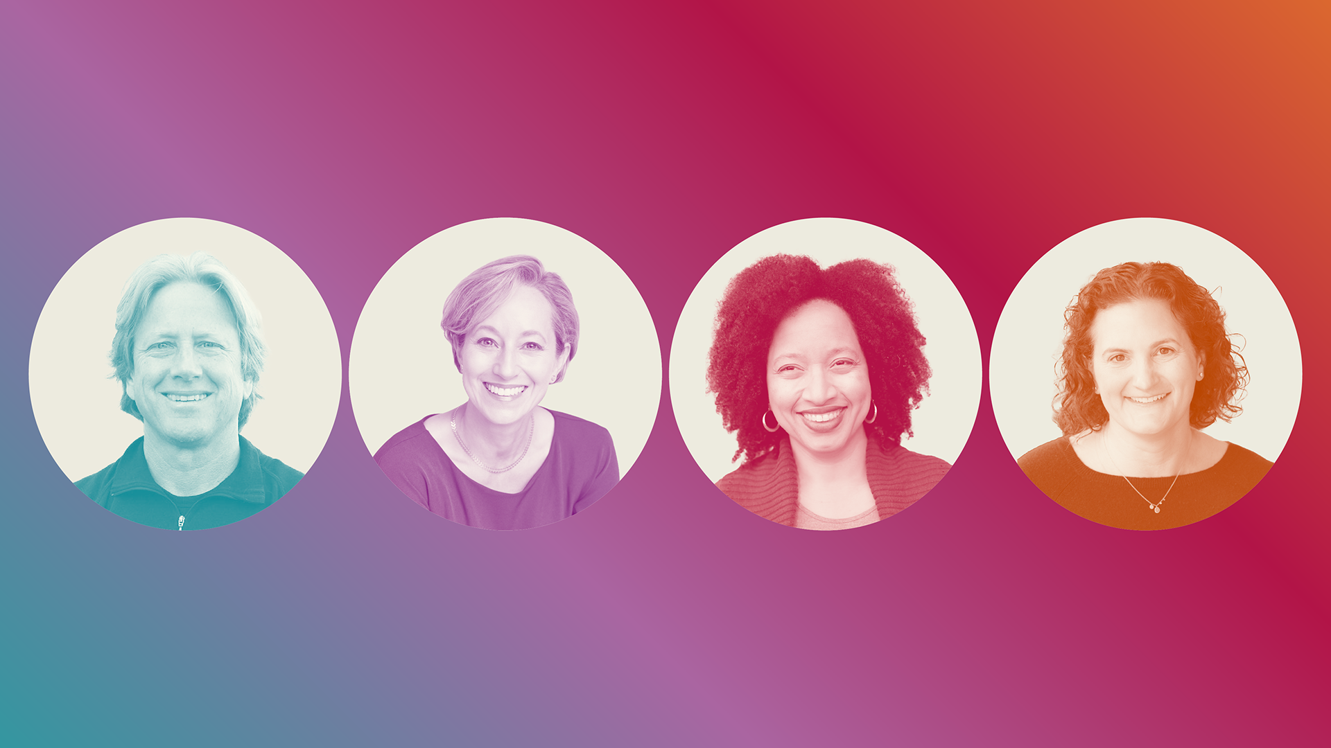 a colorful gradient background with four headshots of Dacher Keltner, Lisa Damour, Allison Briscoe-Smith and Maurissa Horwitz