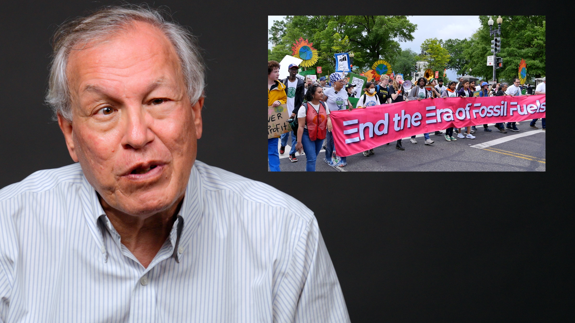 UC Berkeley Law School Dean Erwin Chemerinsky talks to the camera next to a still photo of protestors holding a banner that reads 