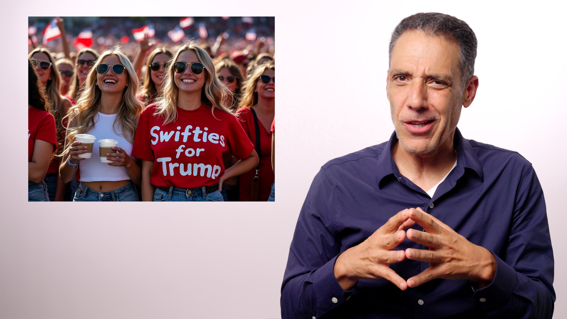 UC Berkeley Professor Hany Farid sits speaking to the camera next to a still of 