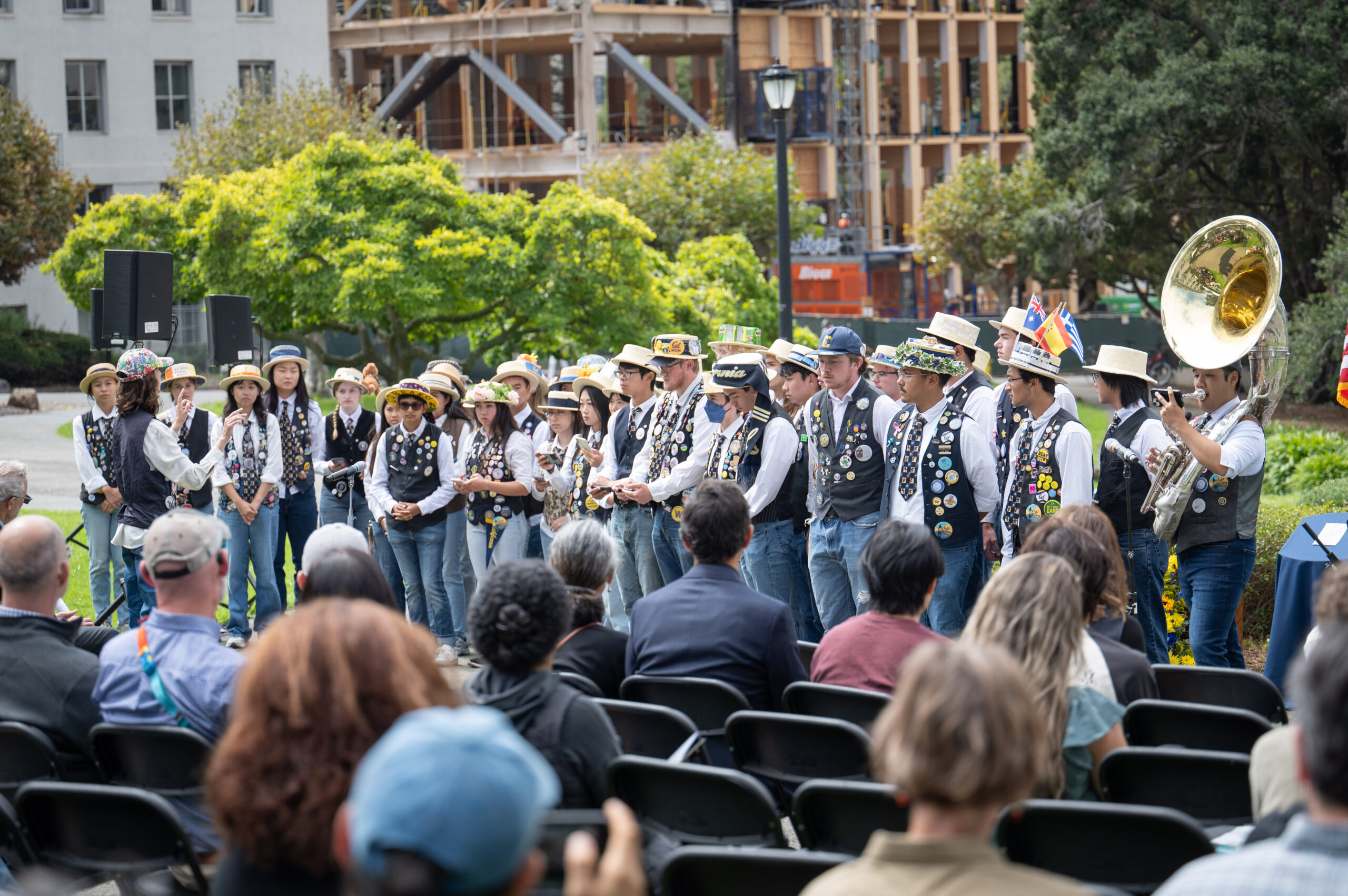 The Straw Hat Band, a subgroup of the UC Berkeley Marching Band, performs at the 2024 campus memorial.