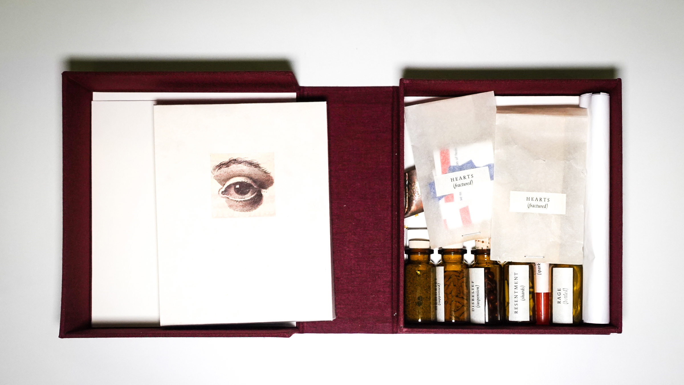 The white cover of an artist book with a sepia-toned drawing of an eye next to a row of several vials labeled things like, 