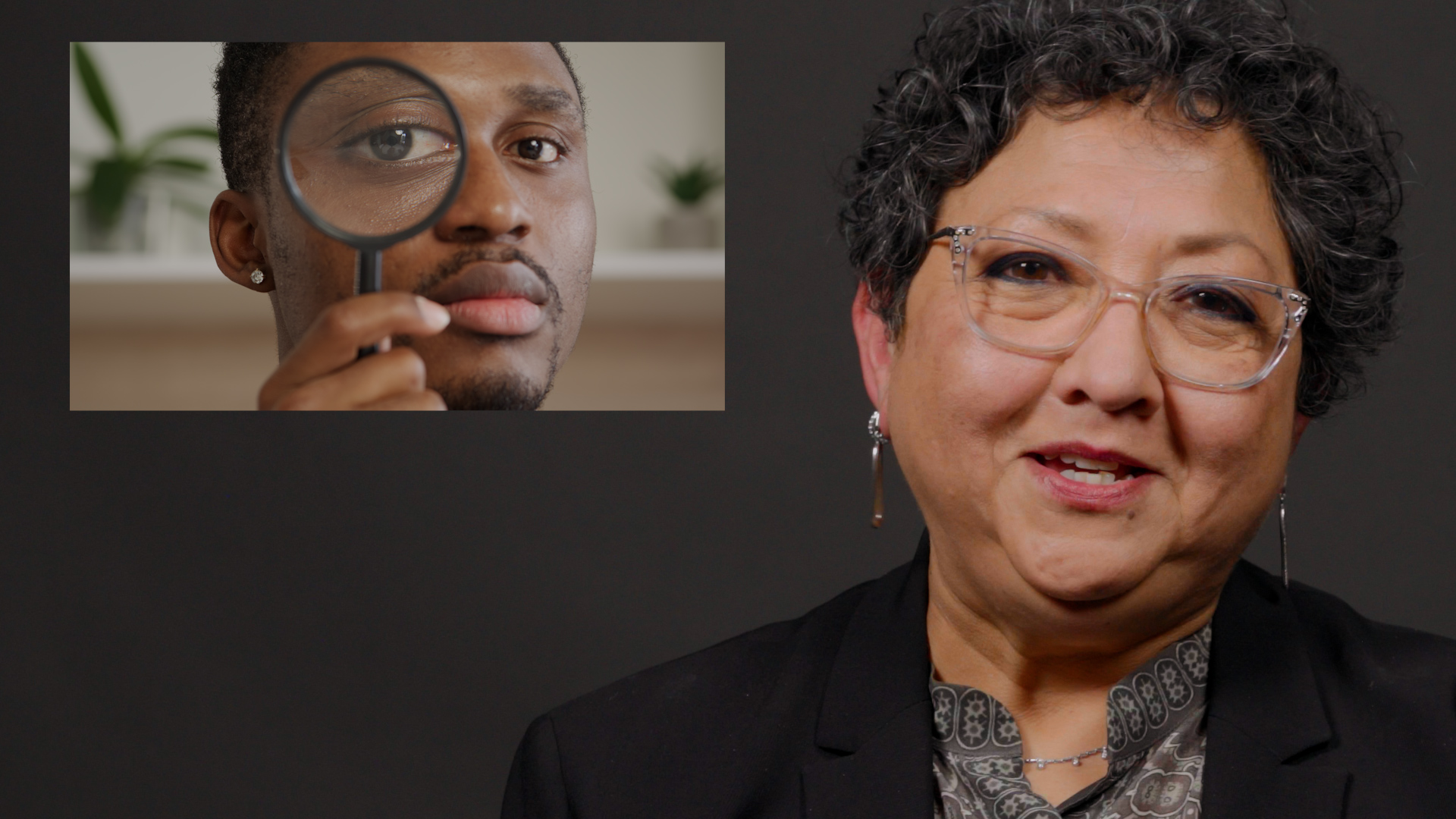 A still of Raka Ray, the dean of sociology at UC Berkeley, next to a superimposed photo of a man holding a magnifying glass