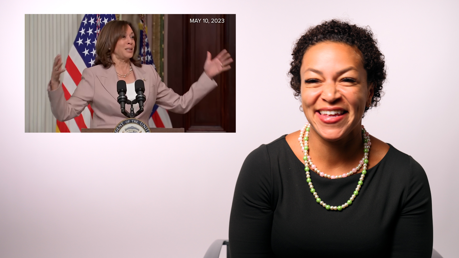 UC Berkeley professor Nicole Holliday seated next to a still of Kamala Harris