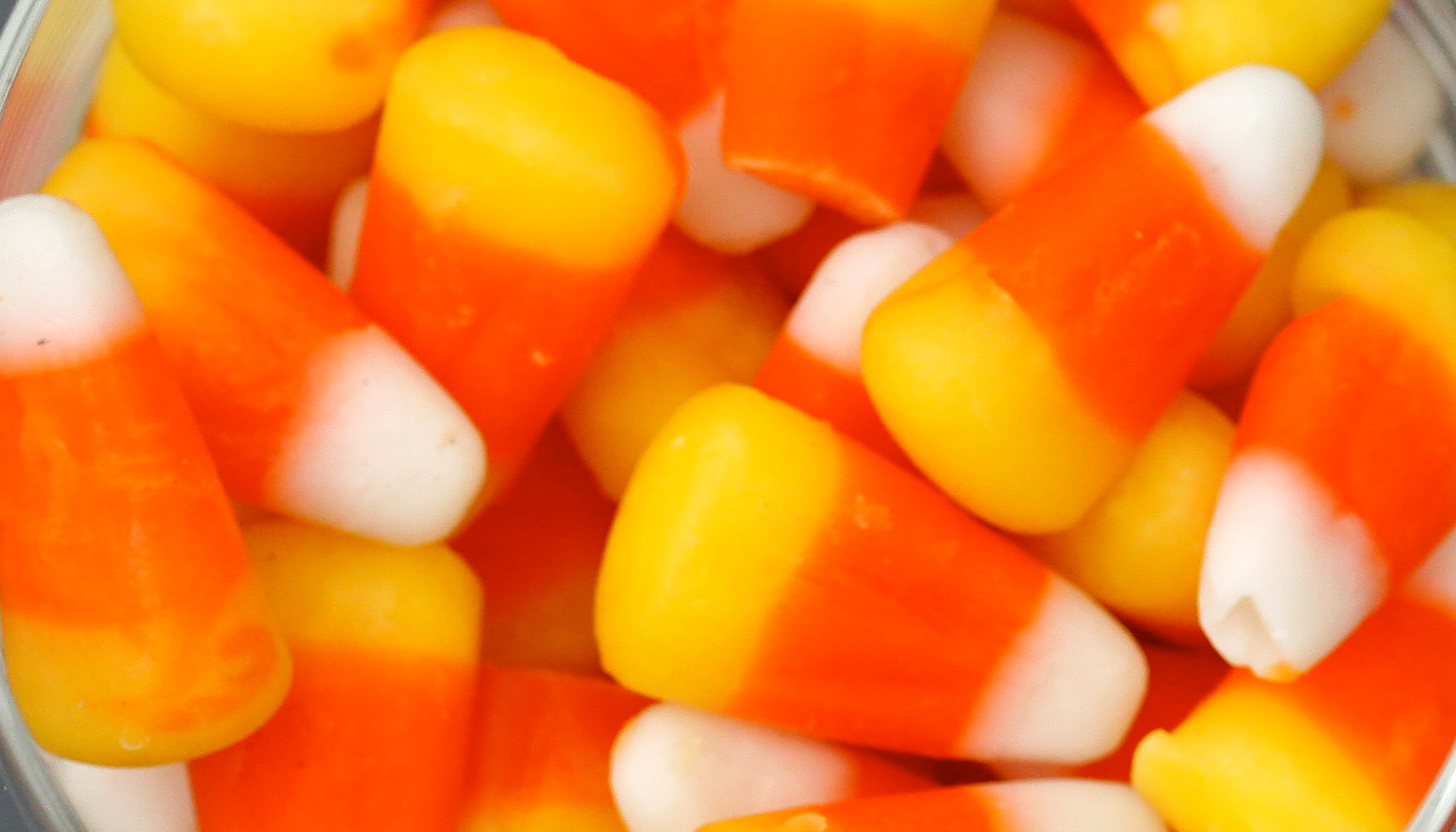 close-up of a bowl of Halloween candy corn