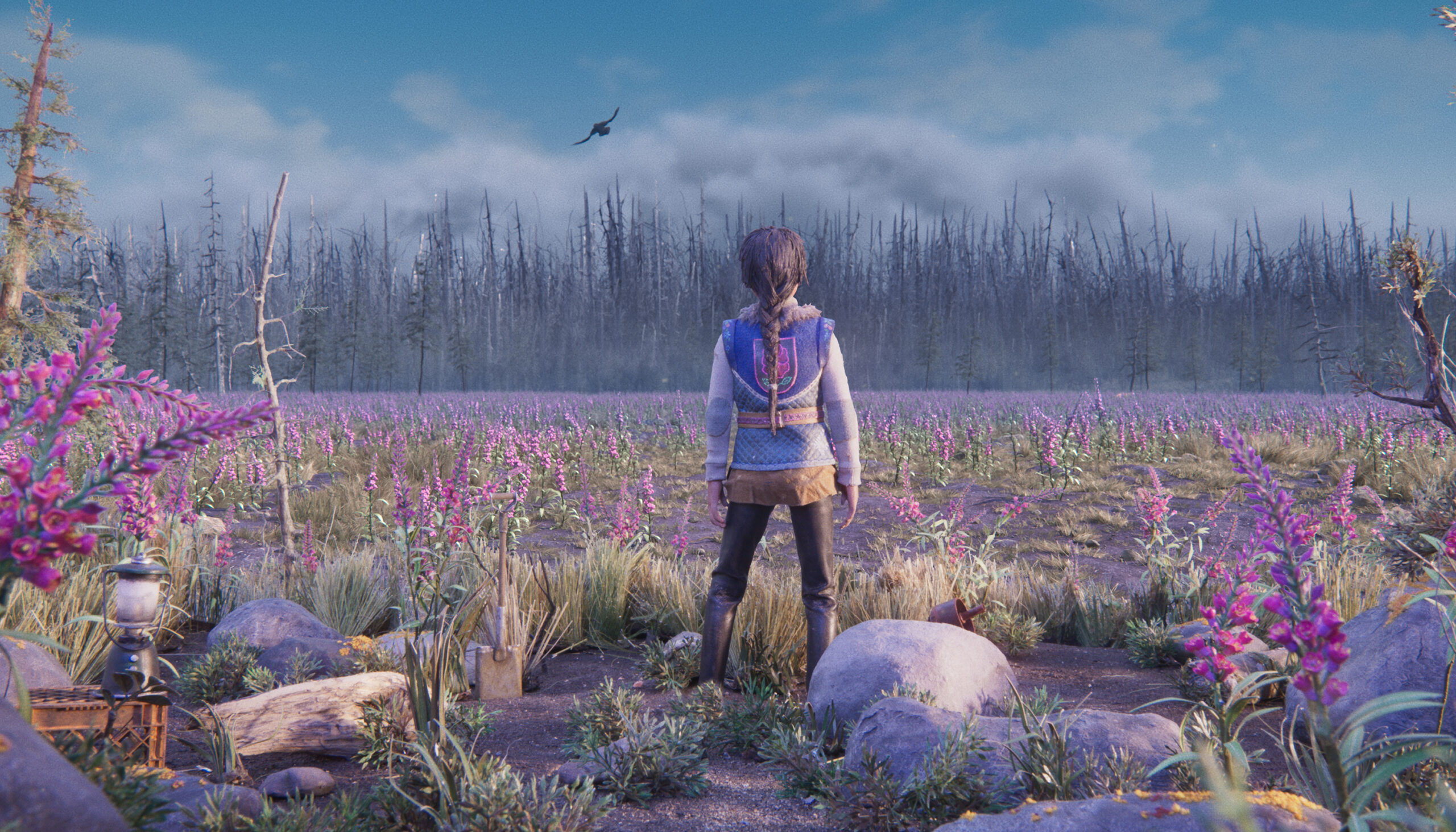 A screenshot of a scene in Inkwo for When the Starving Return that shows a girl looking out on a field of beautiful purple flowers with an ominous-looking forest ahead.