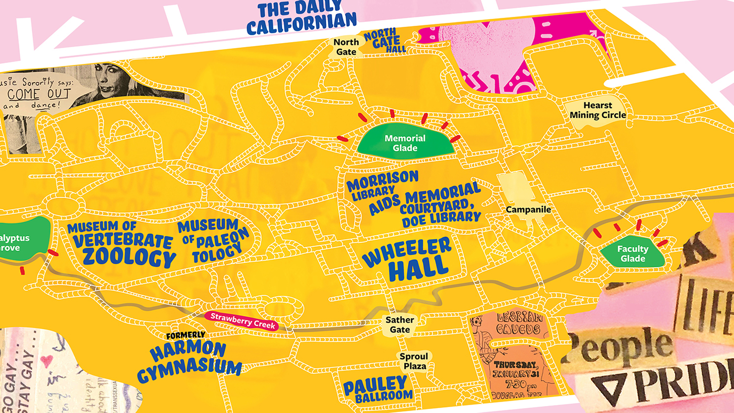 a colorful map of uc berkeley's campus showing historical and present day landmarks related to the LGBTQ community