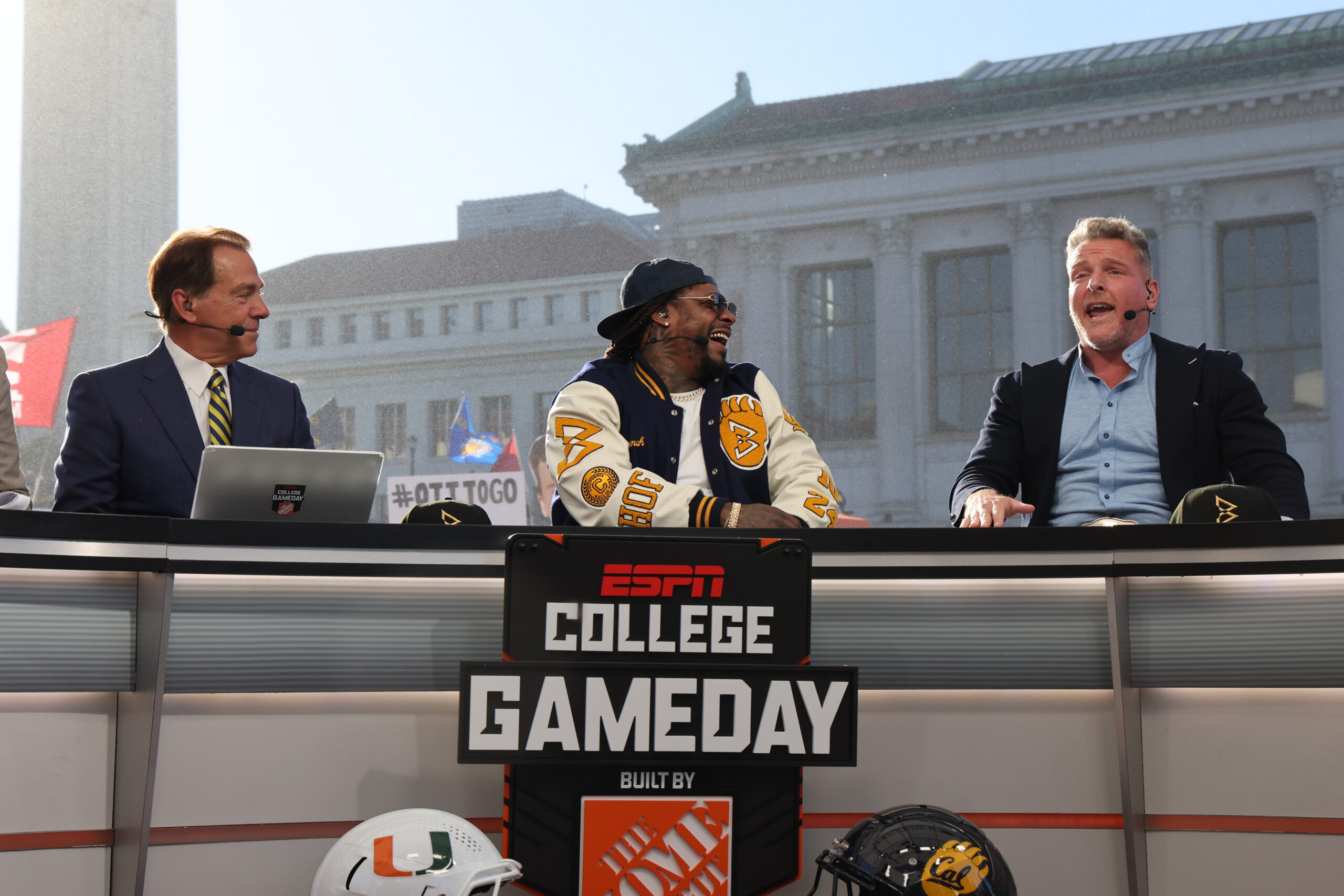 (L to R) Nick Saban, Marshawn Lynch and Pat McAfee at the desk of ESPN's College GameDay.