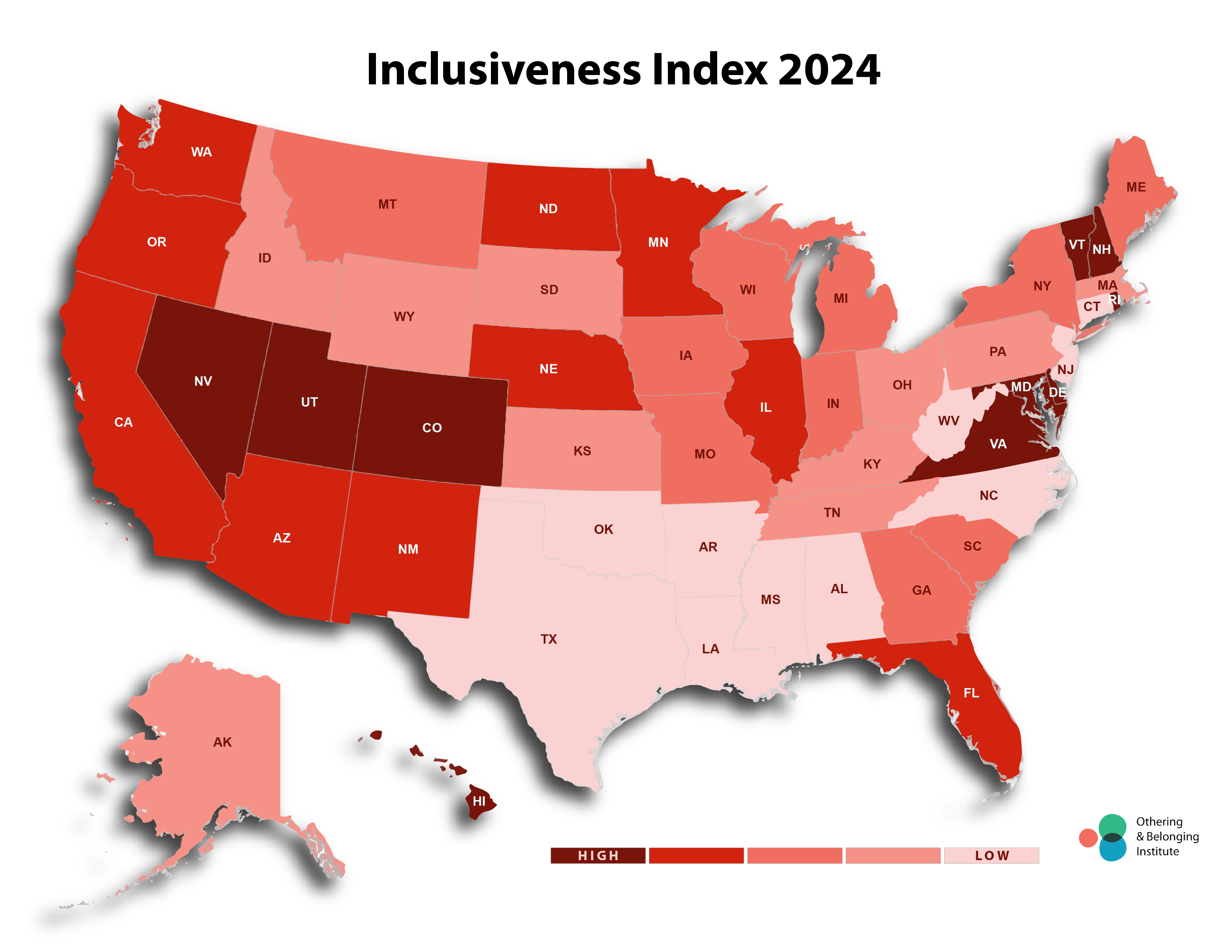 map of the U.S. color-coded by inclusiveness ranking. Nevada, Utah, Colorado, Hawaii, the Mid-Atlantic region, and NH/VT are deep read, while Texas and many of the southern states (plus WV and NC) are the palest pink