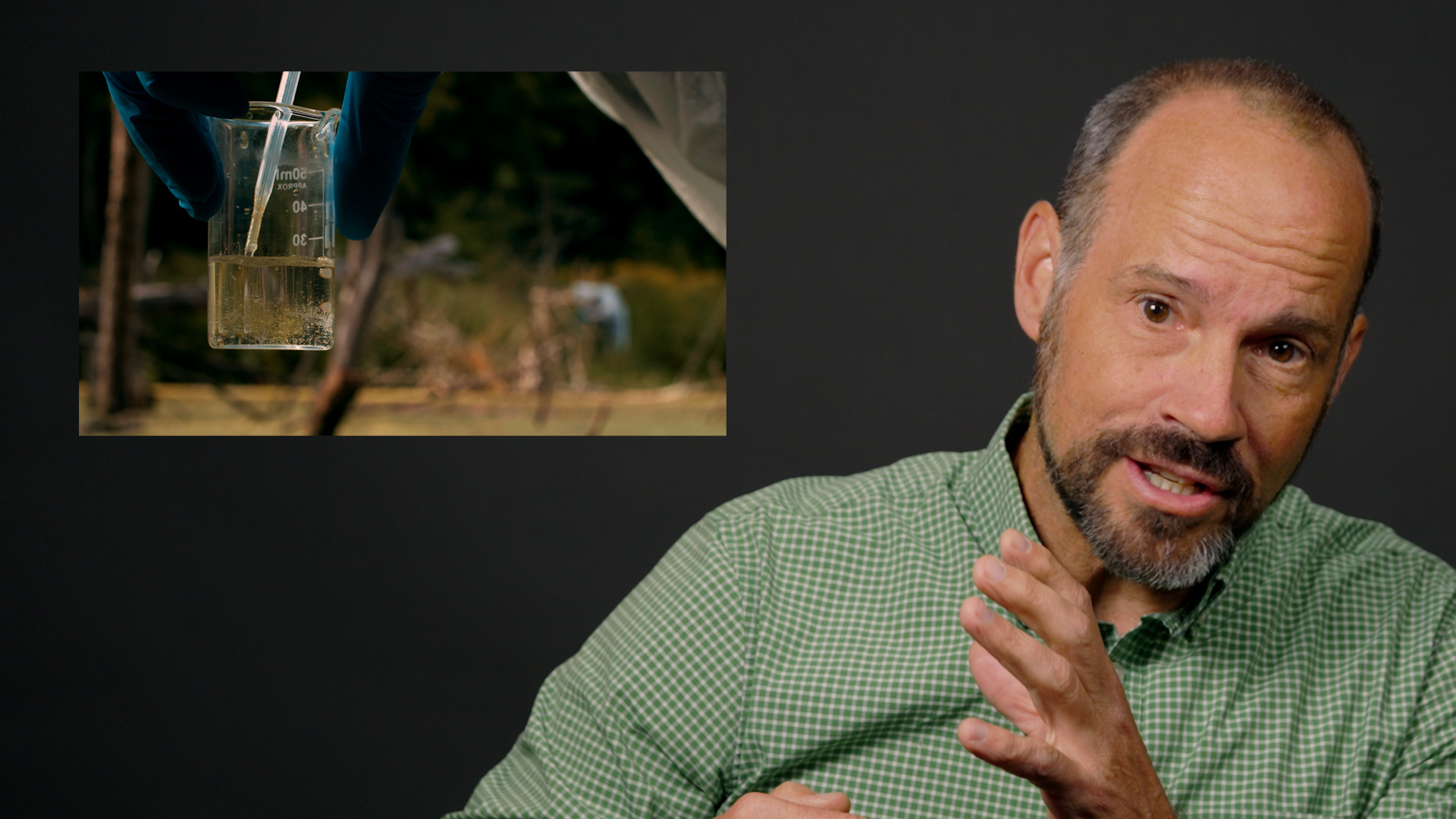 Jay Graham, professor of public health, with an inset close up image of a water sample in a jar.