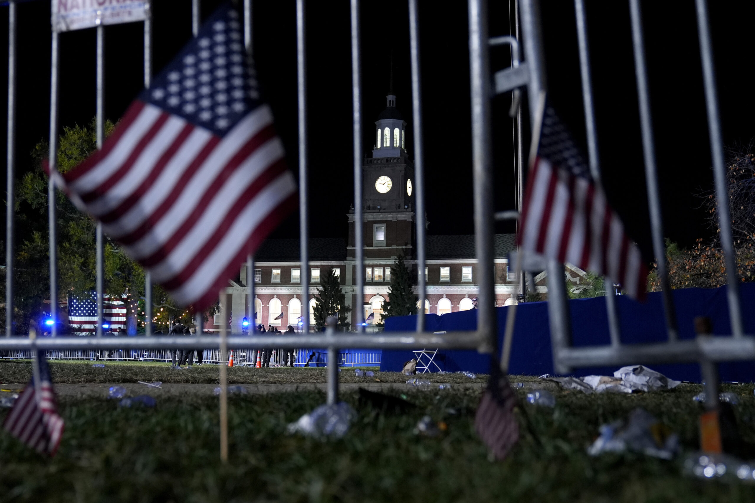 The campus of Howard University is pictured after the conclusion of an election night campaign watch party for Democratic presidential nominee Vice President Kamala Harris, Wednesday, Nov. 6, 2024, in Washington. (AP Photo/Susan Walsh)