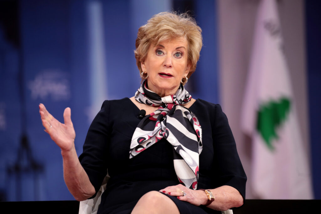 Linda McMahon, wrestling magnate and right-wing political activist, at a speaking engagement in 2018