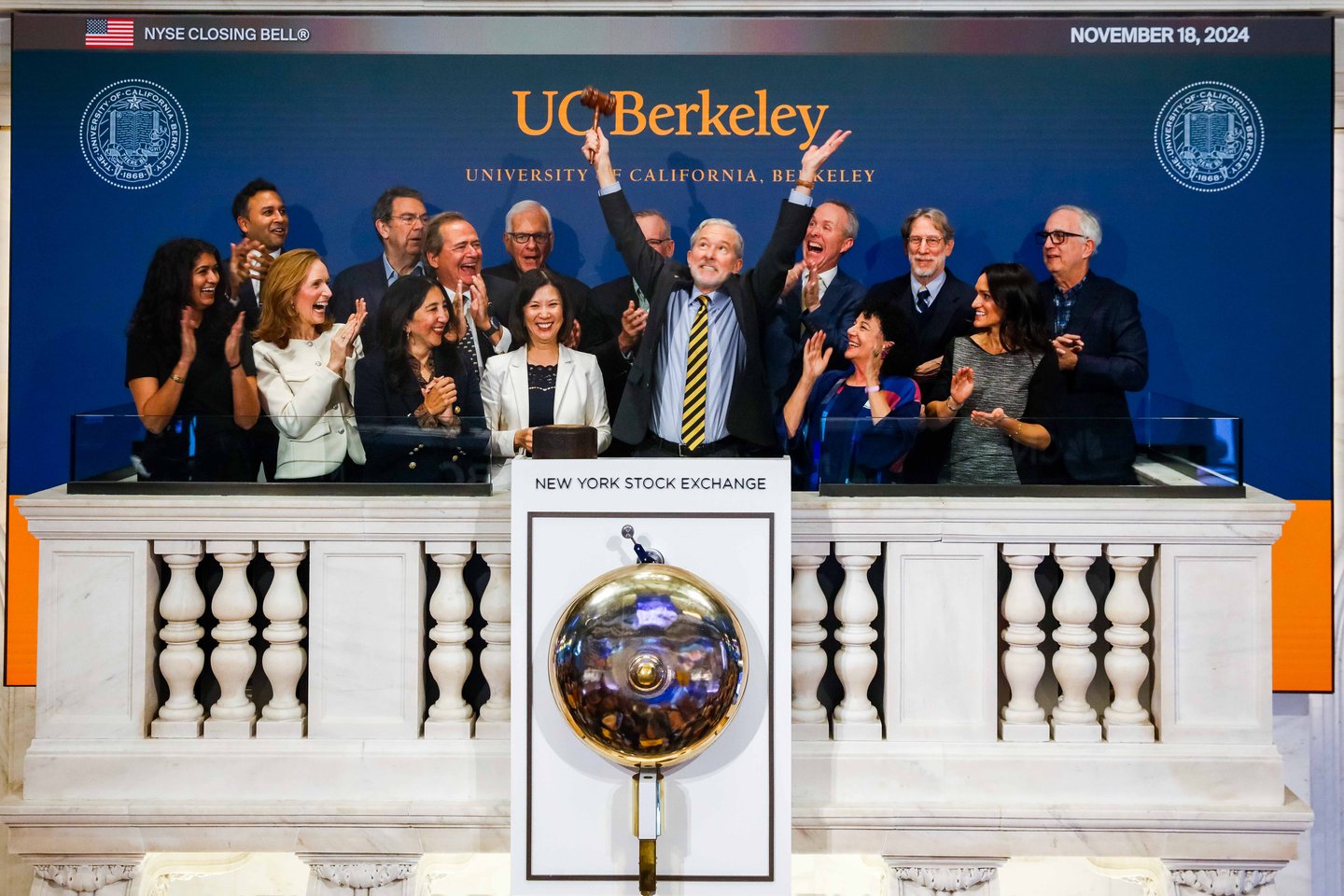 Today, Monday, November 18, 2024,The New York Stock Exchange welcomes University of California, Berkeley to the podium. To honor the occasion, Rich Lyons, Chancellor, joined by Bonnie Hyun, Head of US Capital Markets, rings The Closing Bell®. Photo Credit: NYSE