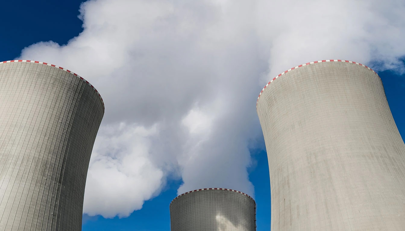 white vapor emerging from flaring concrete towers