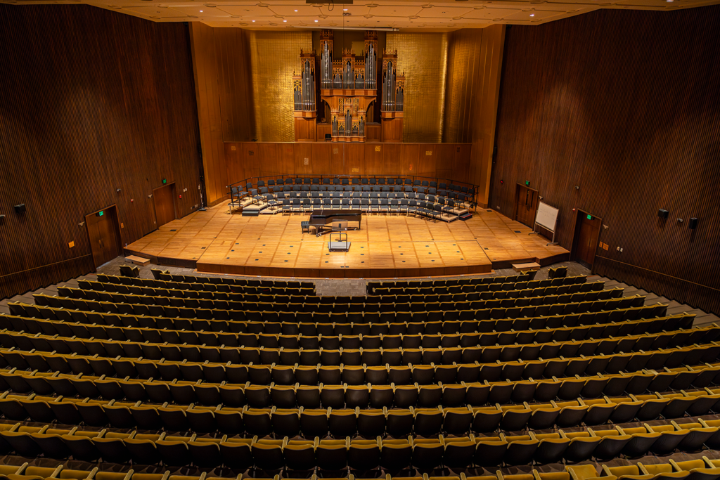 A look at the interior of Hertz Concert Hall, which is attached to Morrison Hall by an archway and a plaza.It seats 678 people.