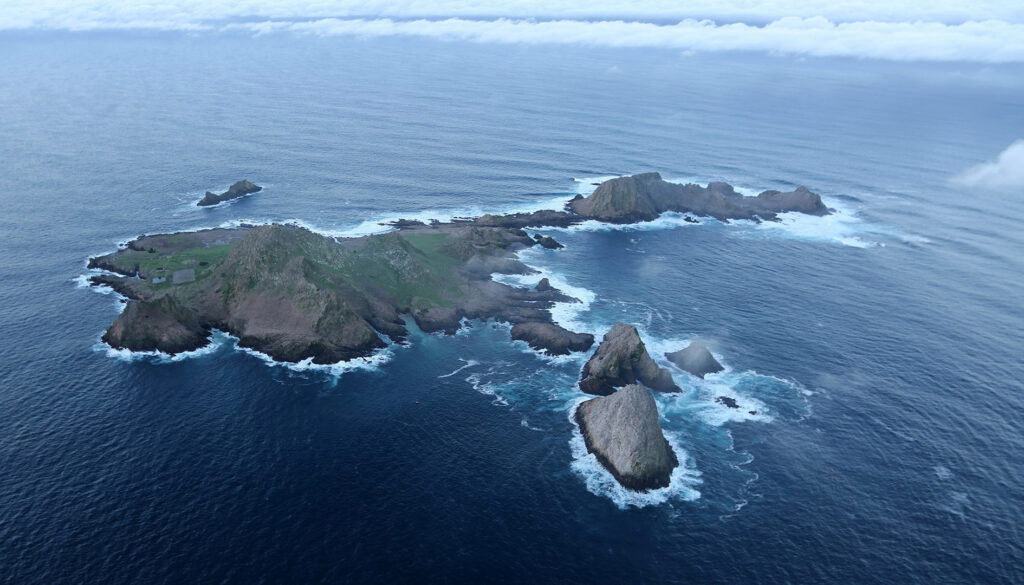 An aerial shot of the Farallon Islands taken from a drone