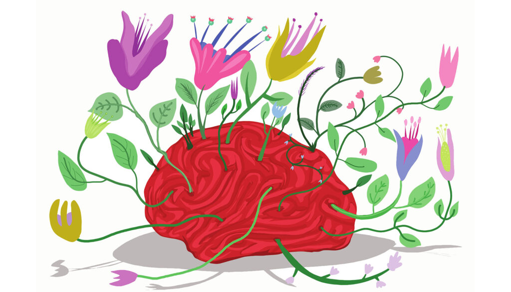 An illustration of a brain with flowers growing out of it.