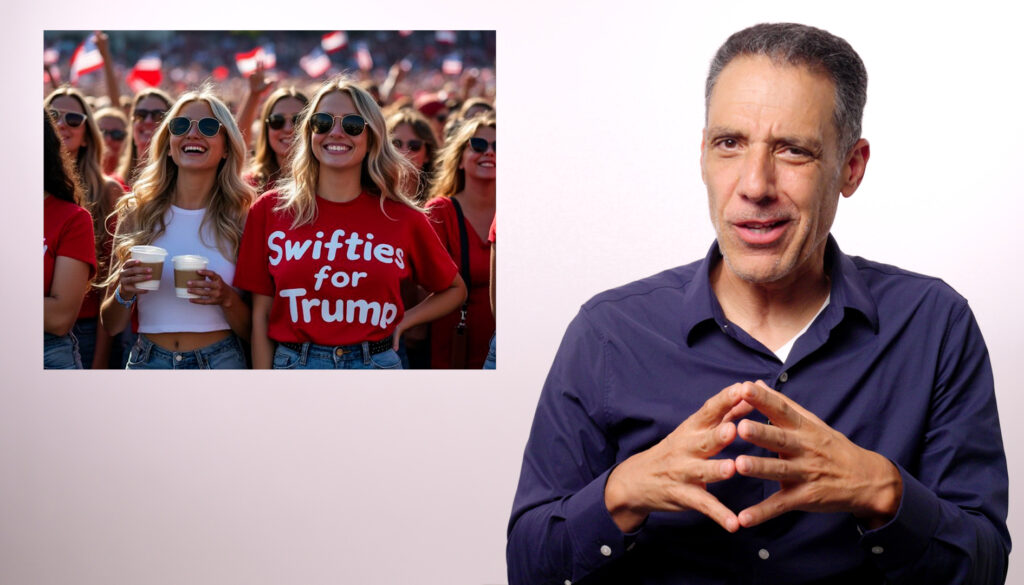 Hany Farid looks into the camera with an incredulous expressio. Next to him is an image of women who all look very similar standing in a group. One is wearing a t-shirt that reads "Swifties for Trump."