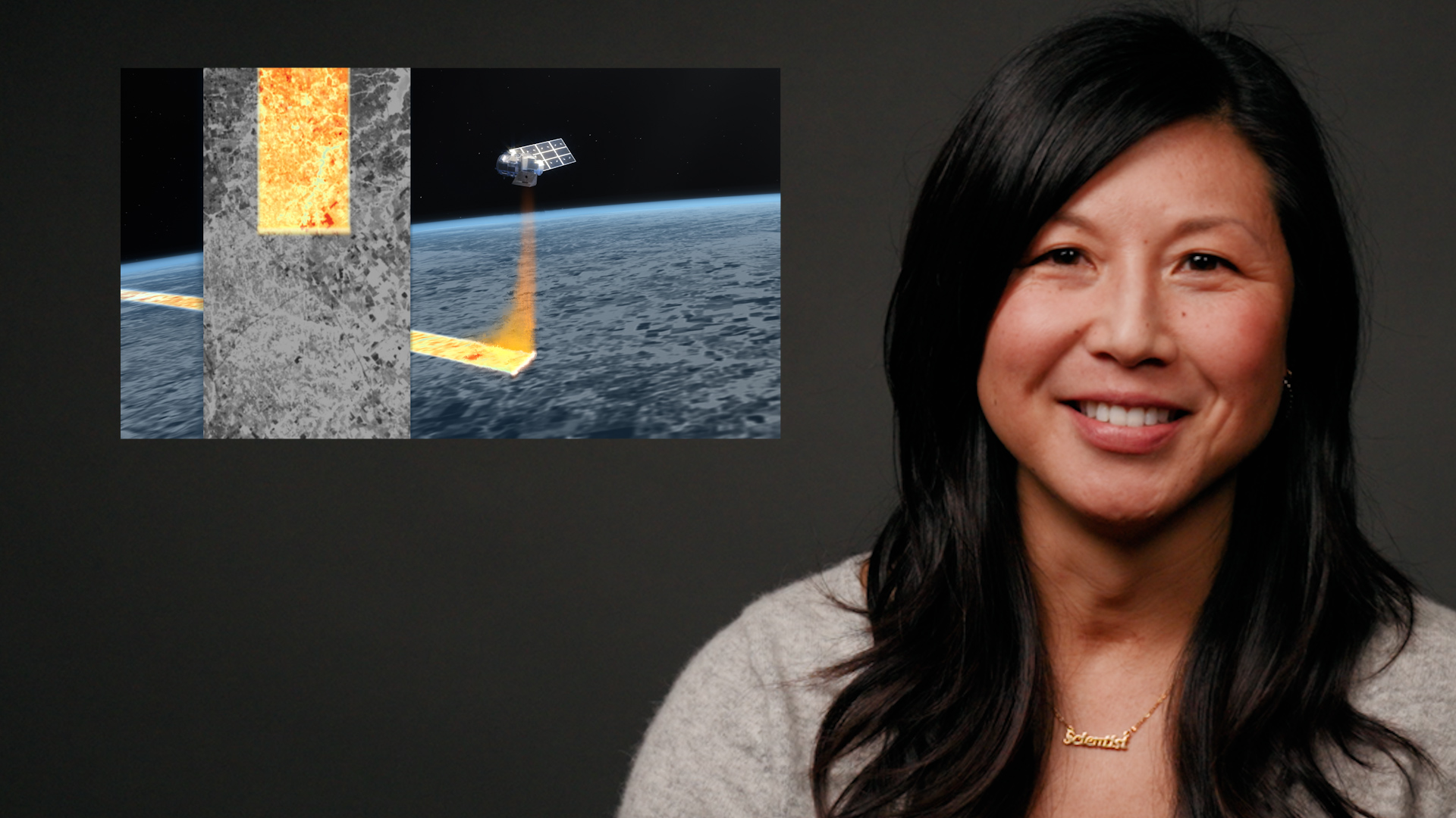 UC Berkeley biogeography professor Stephanie Pau sits beside a still image of a satellite mapping the Earth.