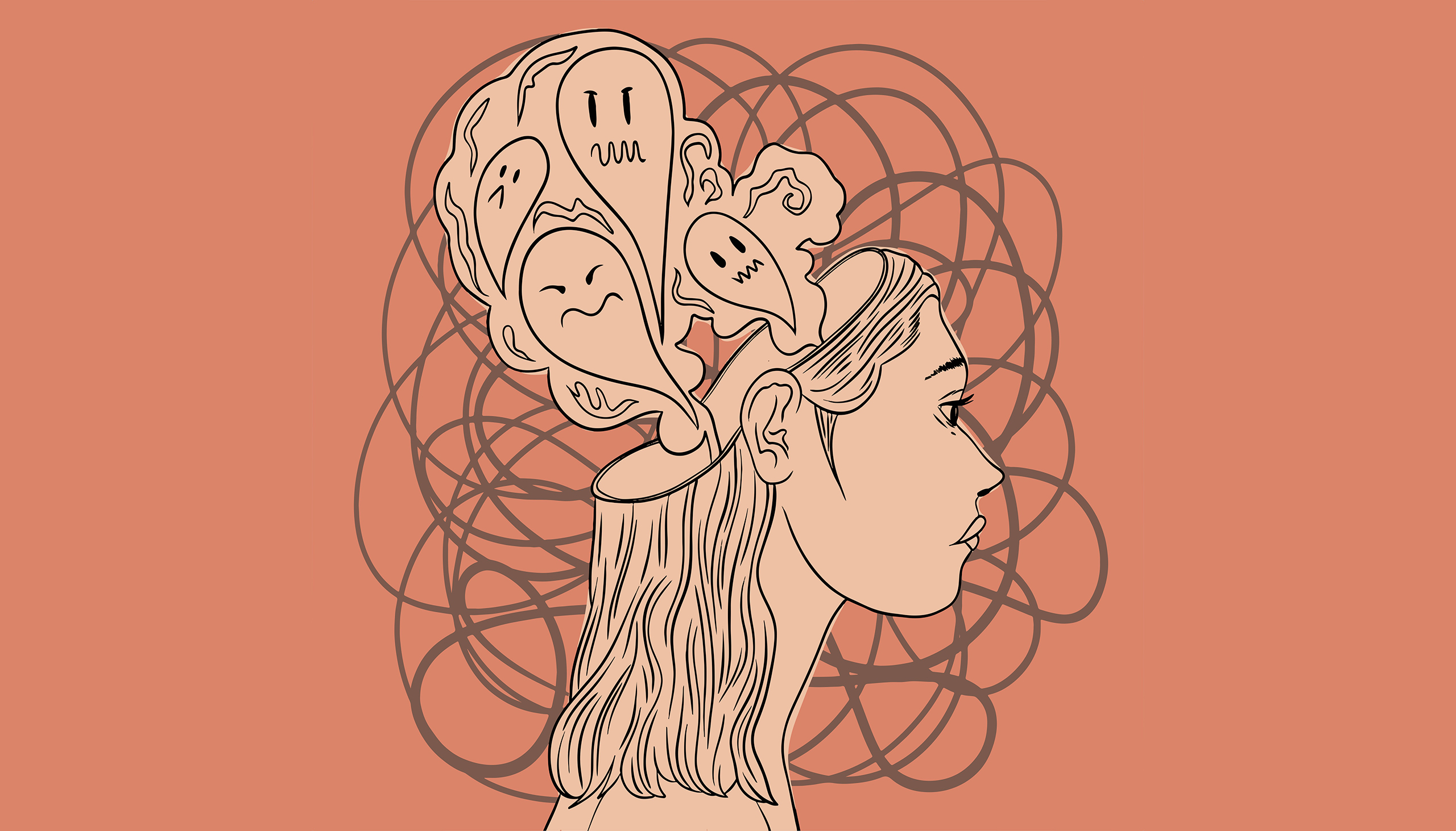 line drawing of a woman with eerie-looking ghosts coming out the back of her partially missing head