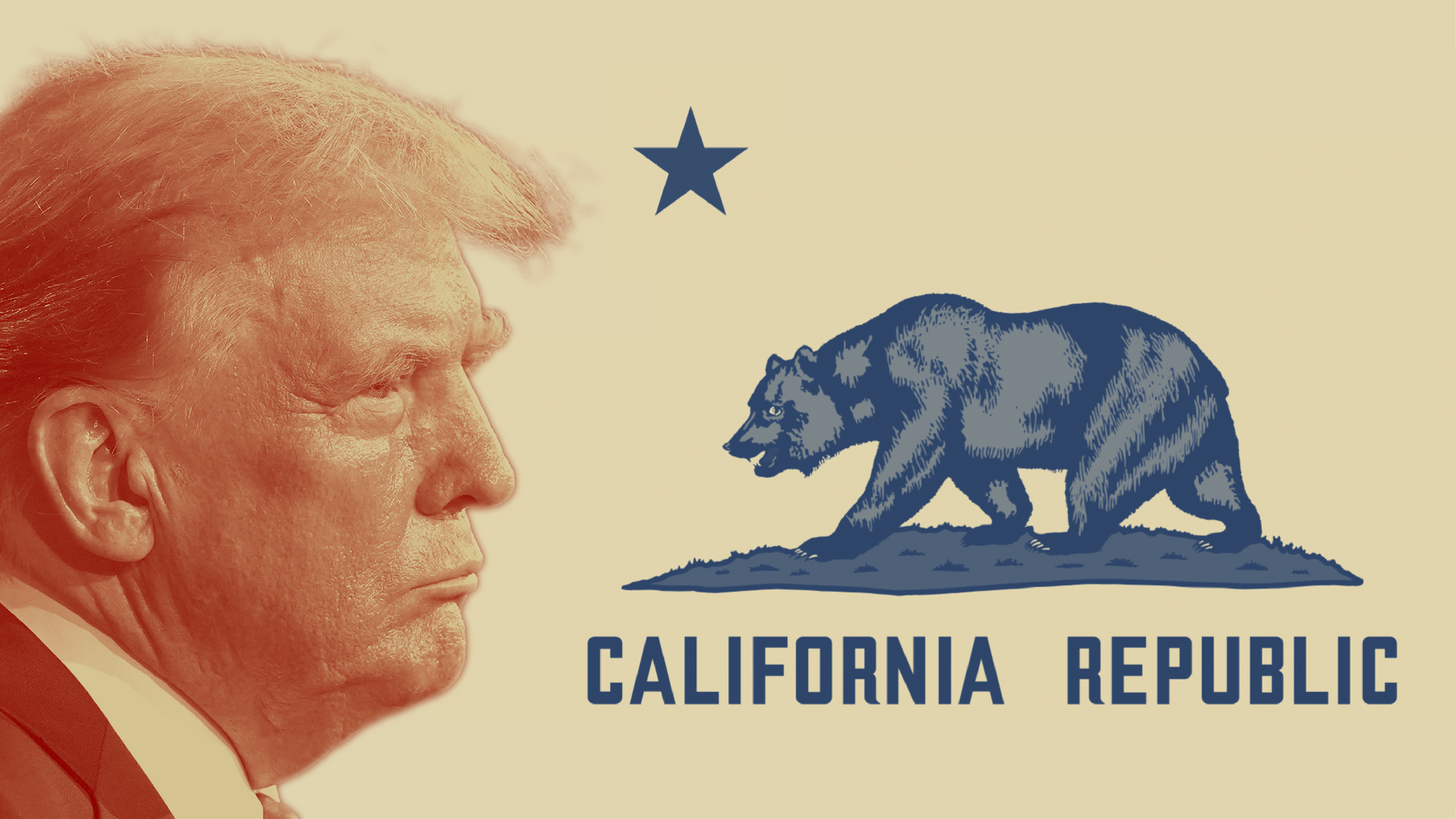 Graphic illustration showing photo of incoming President Donald Trump, in profile, glowering at the bear featured in the California state flag.