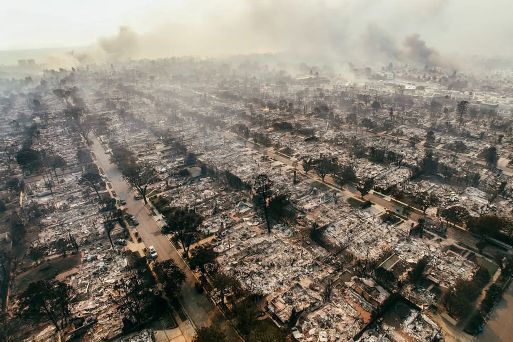 An aerial view of the Alphabet Streets in Pacific Palisades, where nothing remains following the fire except miles of rubble.