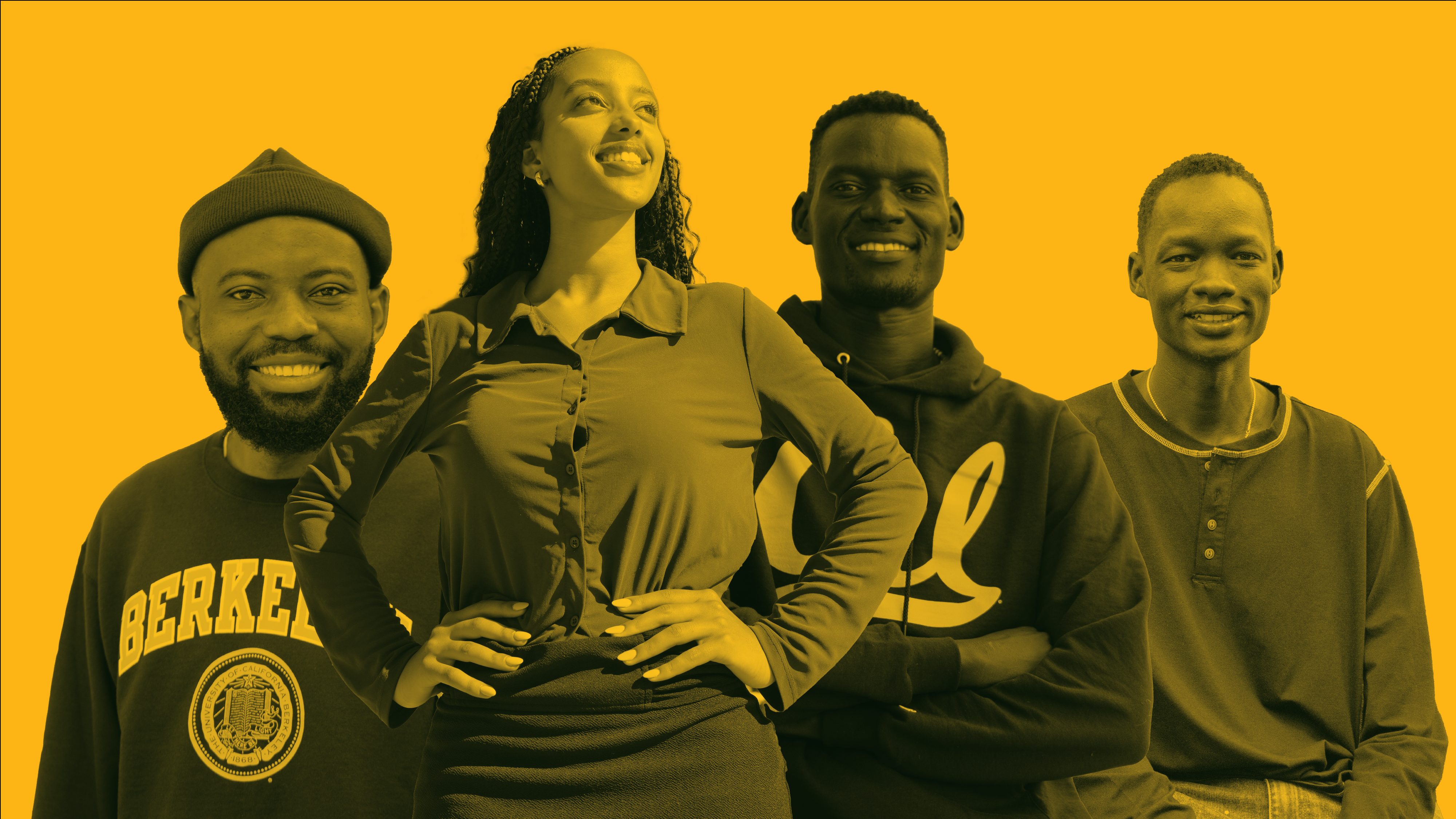 A gold-tinted composite photo showing four people awarded scholarships from the Robinson International Scholars Program. Three of the people look toward the camera, while one, with her hands on her hips, looks proudly to the side