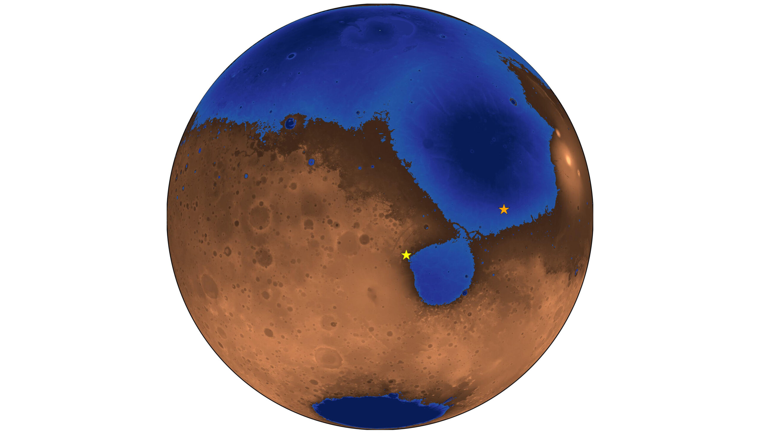 Mars depicted as a brown and blue orb