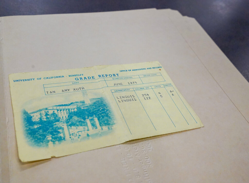 Author Amy Tan's report card from 1975 at UC Berkeley is part of the archives recently received by The Bancroft Library. Tan took courses toward a Ph.D. in linguistics in the 1970s. On this report card, she got an A and an A- in linguistics classes.