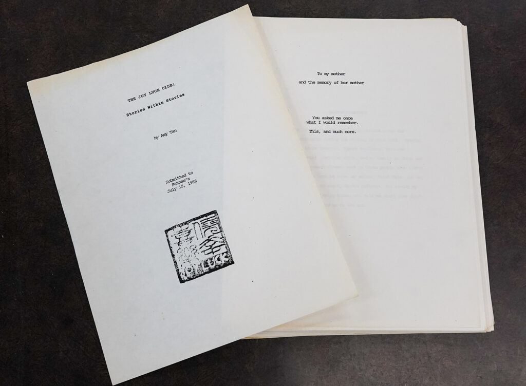 This photo is of an early manuscript of The Joy Luck Club by Amy Tan. It's now in Tan's archives at The Bancroft Library.