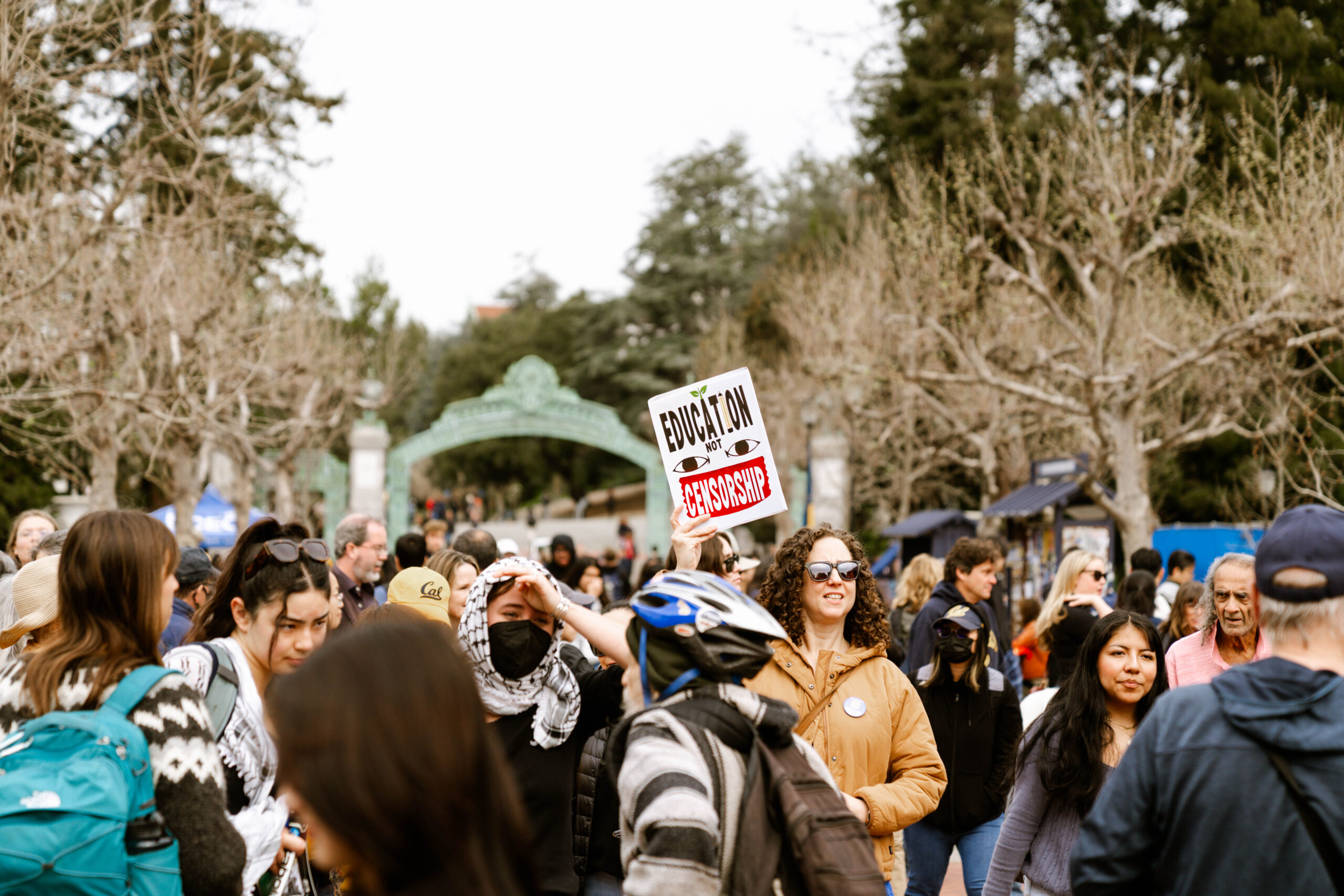 Protestors gather on Sproul Plaza for a rally against Trump administration attacks on higher education.