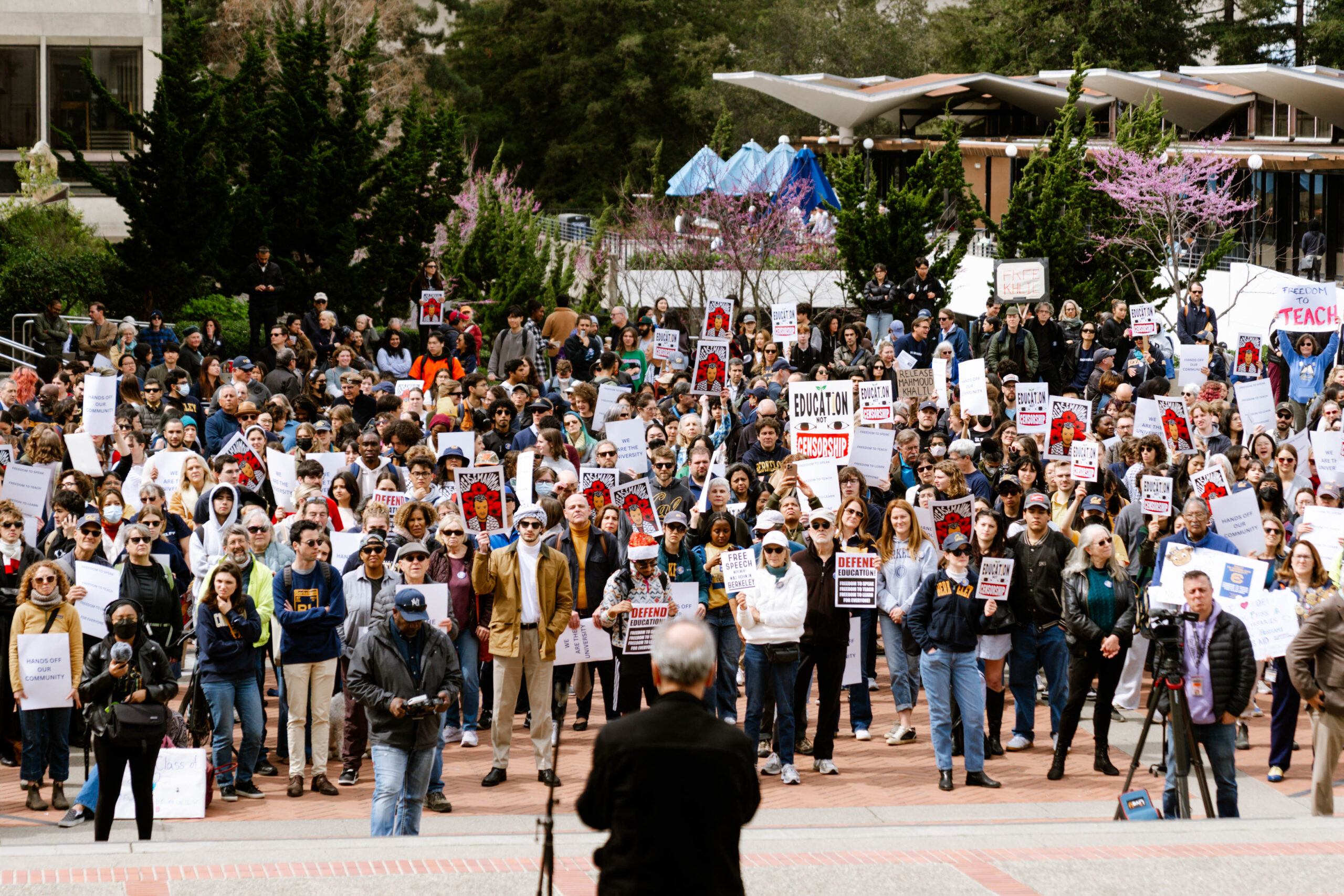 Protestors gather on Sproul Plaza for a rally against Trump administration attacks on higher education.