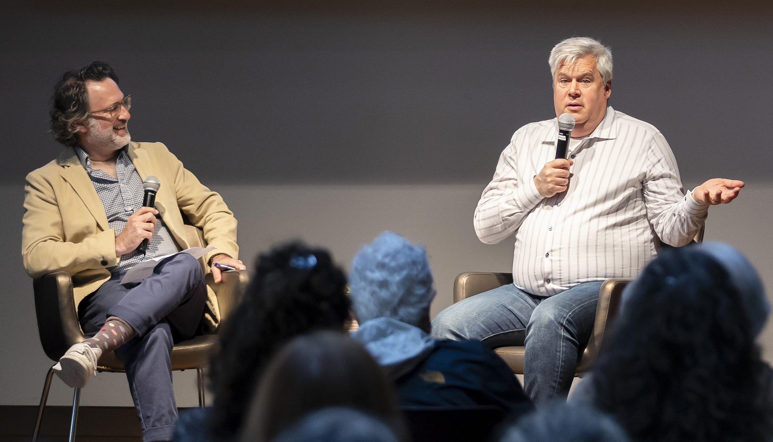 Daniel Handler and Chanan Tigay talk on stage at an event for the Magnes' inaugural Jewish Arts & Bookfest