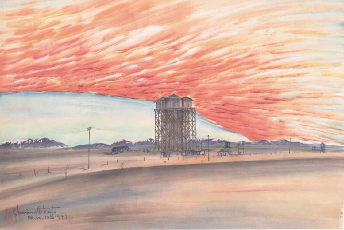 A painting by Chiura Obata called Sunset, Watertower, March 10, 1943, was done in ink, color and mica on paper while he was in an internment camp. It shows a vibrant sunset behind a watertower in a desolate landscape. There are telephone lines in front of the tower and mountains in the far distance.