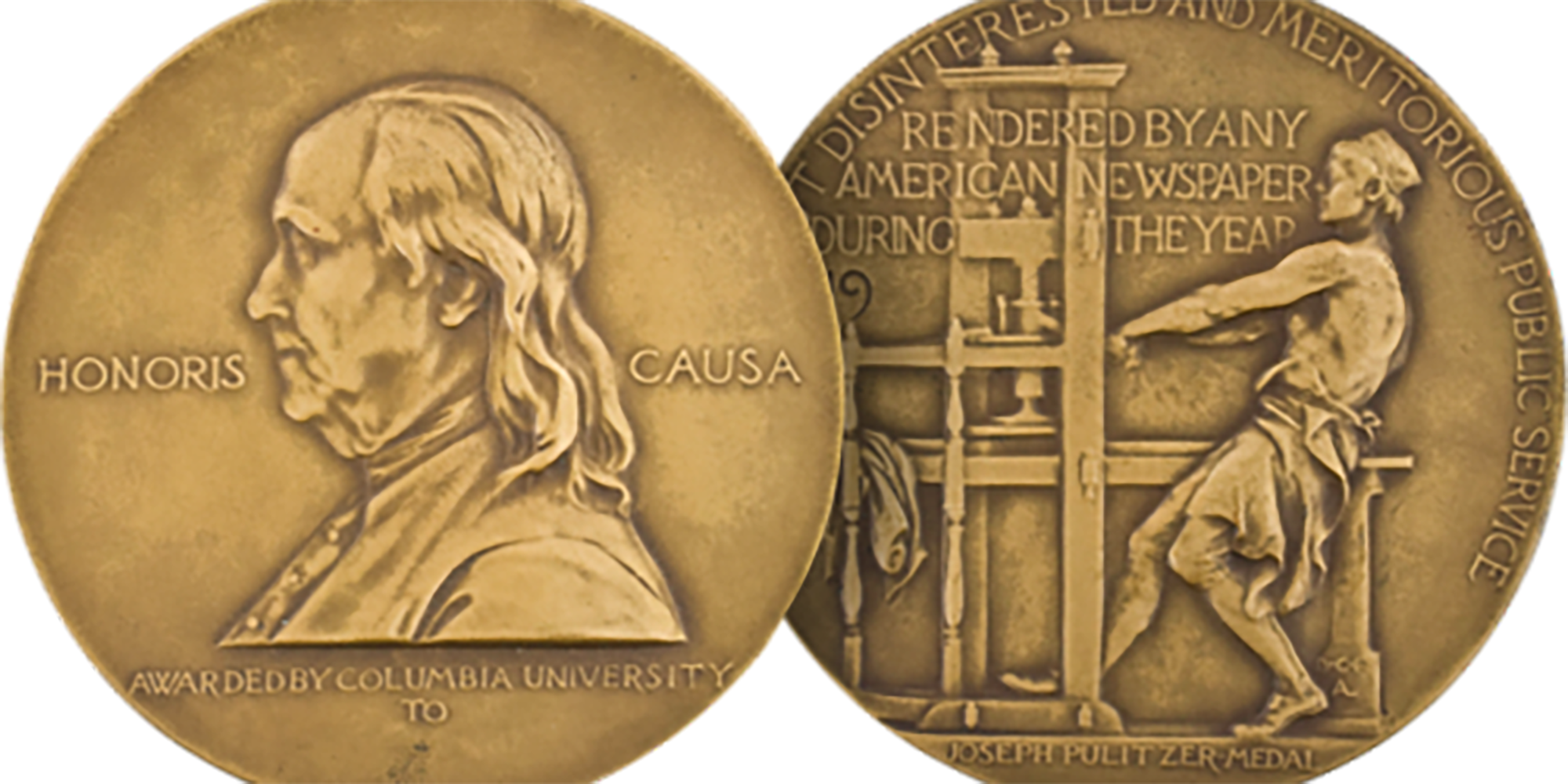 An image of the Pulitzer Prize medal shows the front and the back. The medal is gold, with the image of Ben Franklin on one side and on the back is someone operating a printing press.