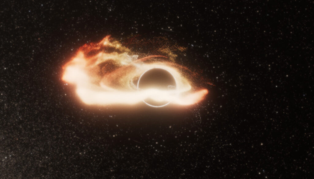 a bright, white swirl encircling a black disk