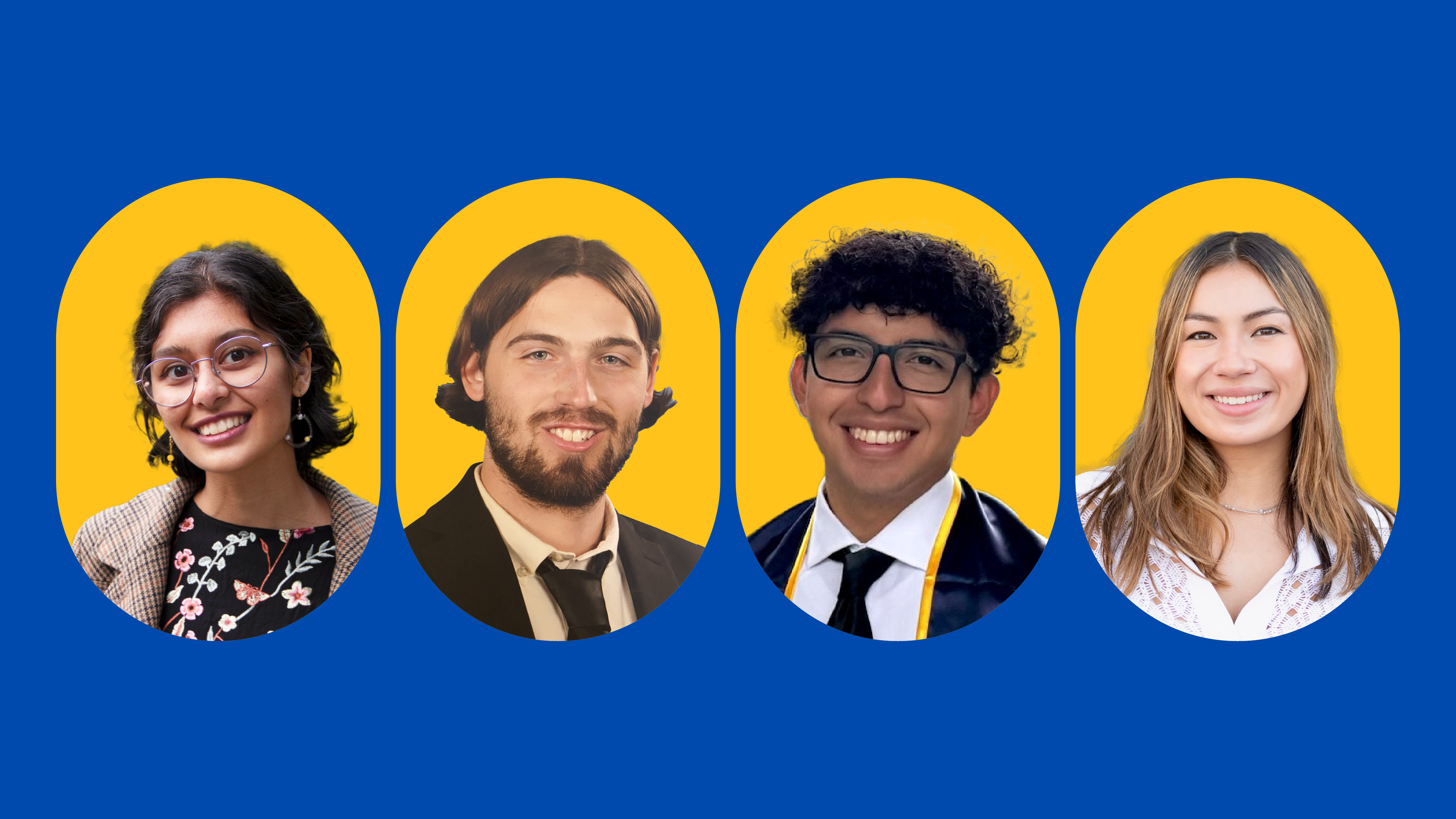 The four 2025 UC Berkeley University Medal finalists, in a photo illustration with each student headshot in a gold oval against Berkeley-blue background.