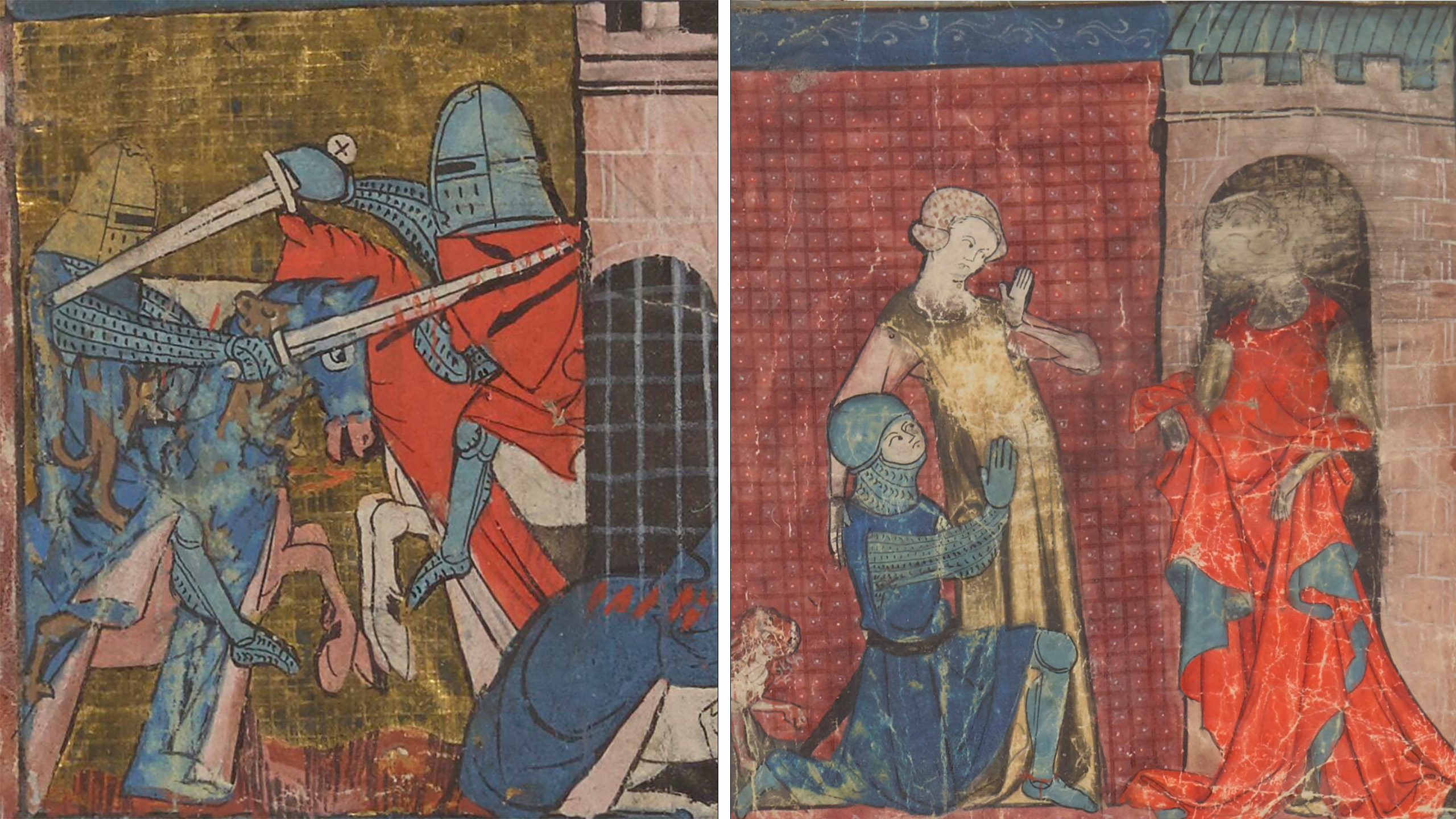 Two images side by side: on the left, two knights fight each other on horseback; on the right, the knight ask a woman for forgiveness after he killed her husband