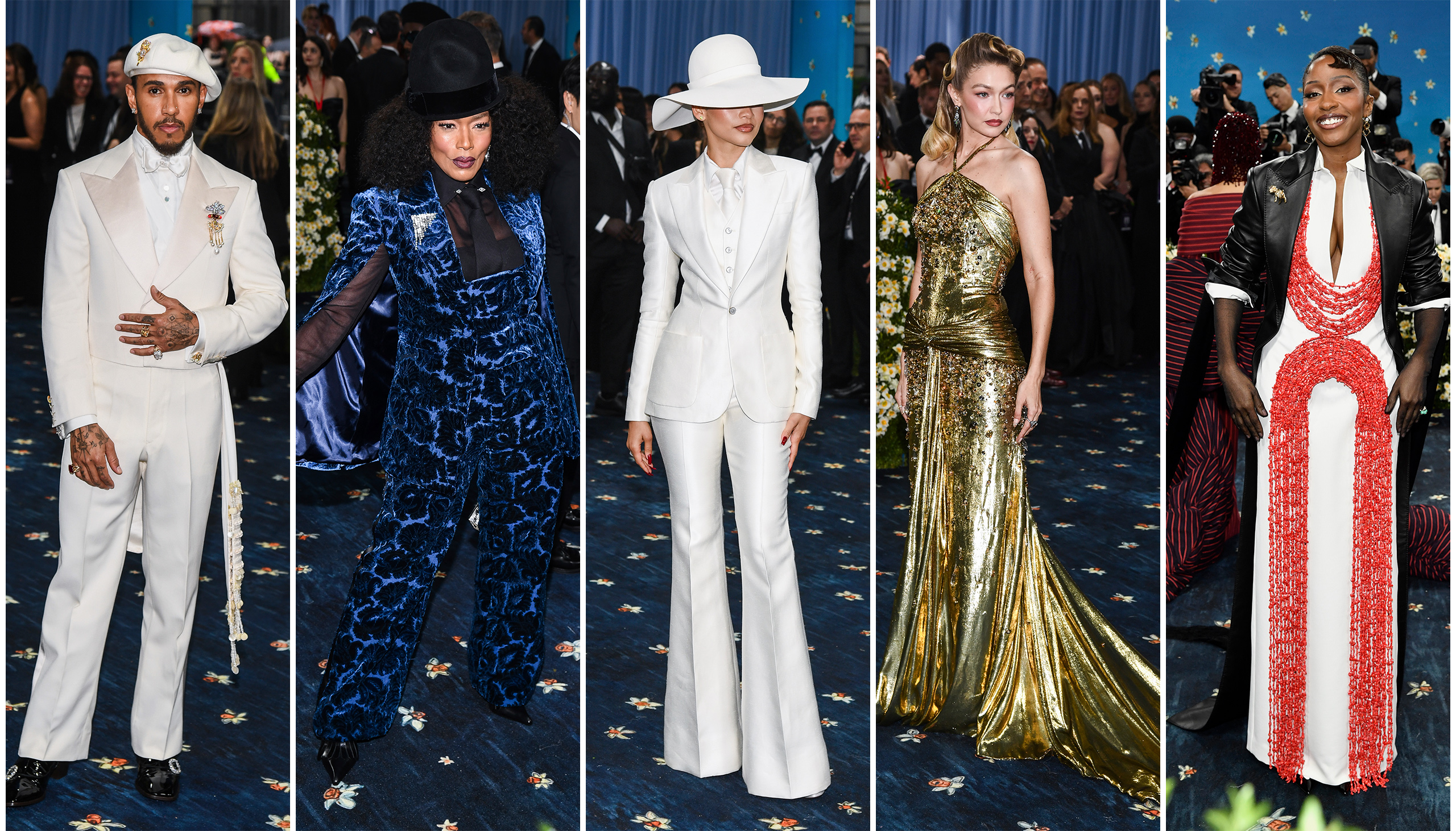 Lewis Hamilton in a white suit, Angela Bassett in a blue suit wearing a black velvet hat, Zendaya in a white suit and matching wide-brimmed hat, Gigi Hadid in a gold dress, and Ayo Edebiri in a white and coral dress, all on a blue carpet