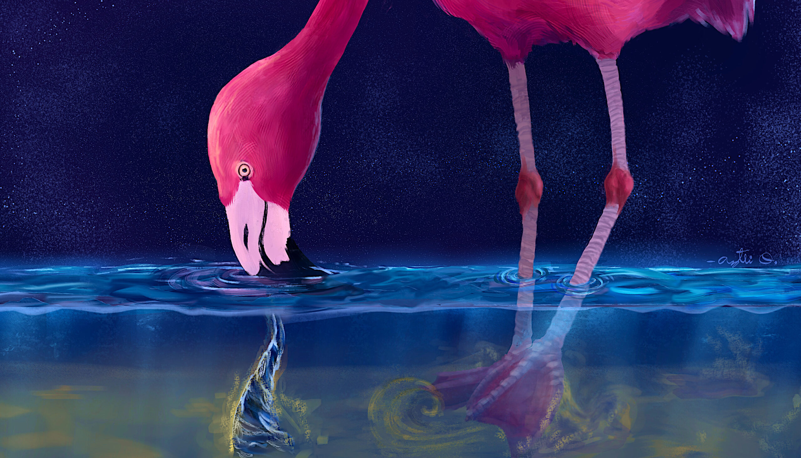 painting of a bright pink flamingo against a deep blue background, standing in water and creating little tornados