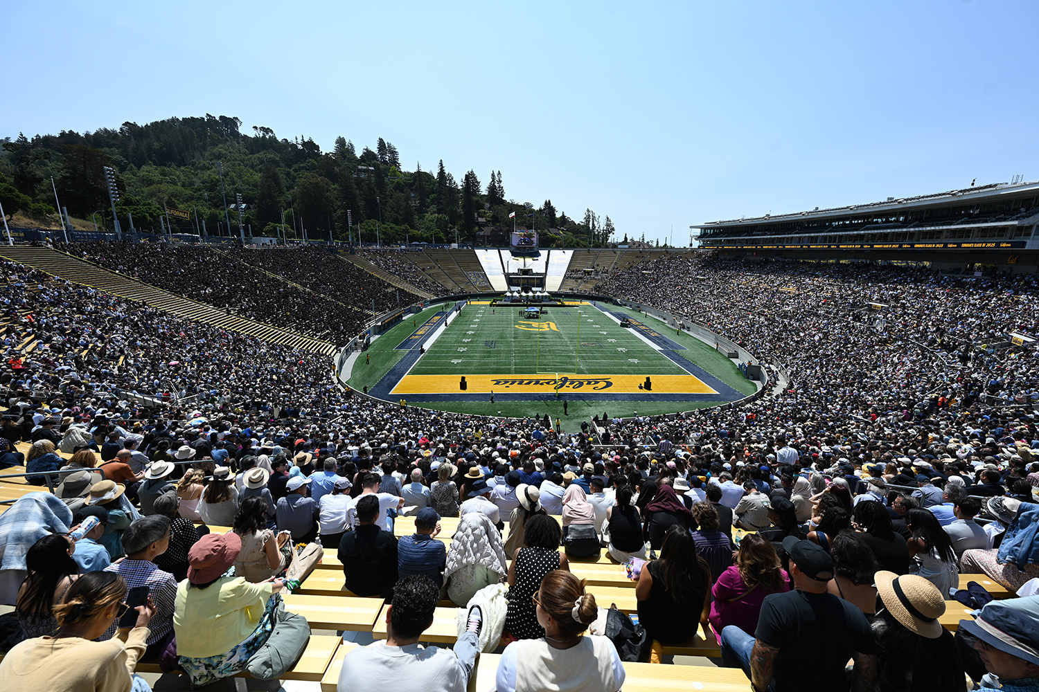 A view of the crowded inside of California Memorial Stadium for the 2025 campuswide commencement.
