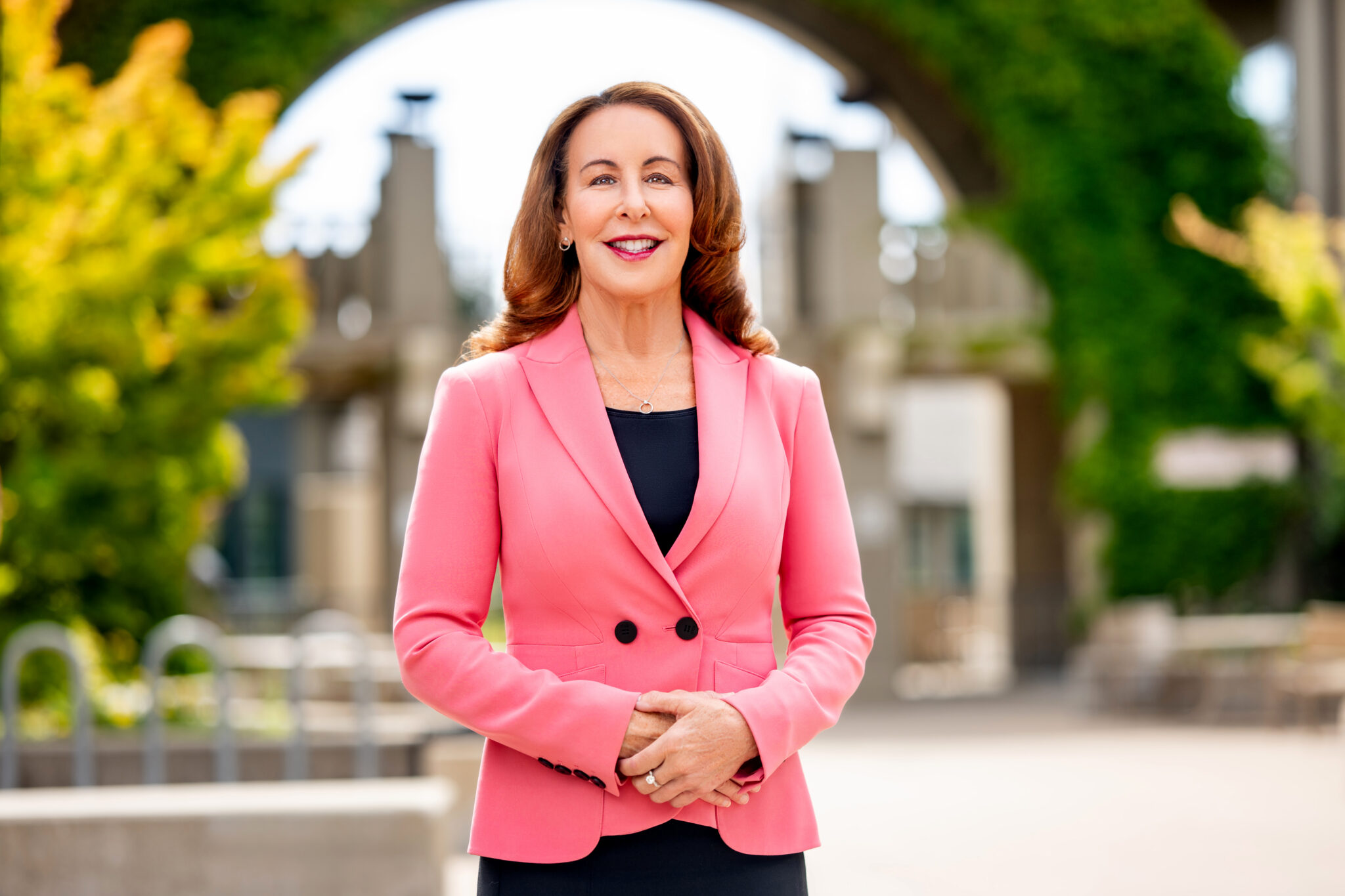 Dean Jenny Chatman pictured at the entrance to Berkeley Haas.