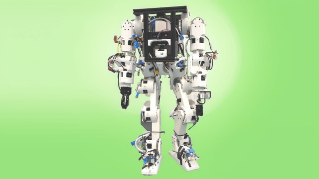 A white, headless robot body against a green background.
