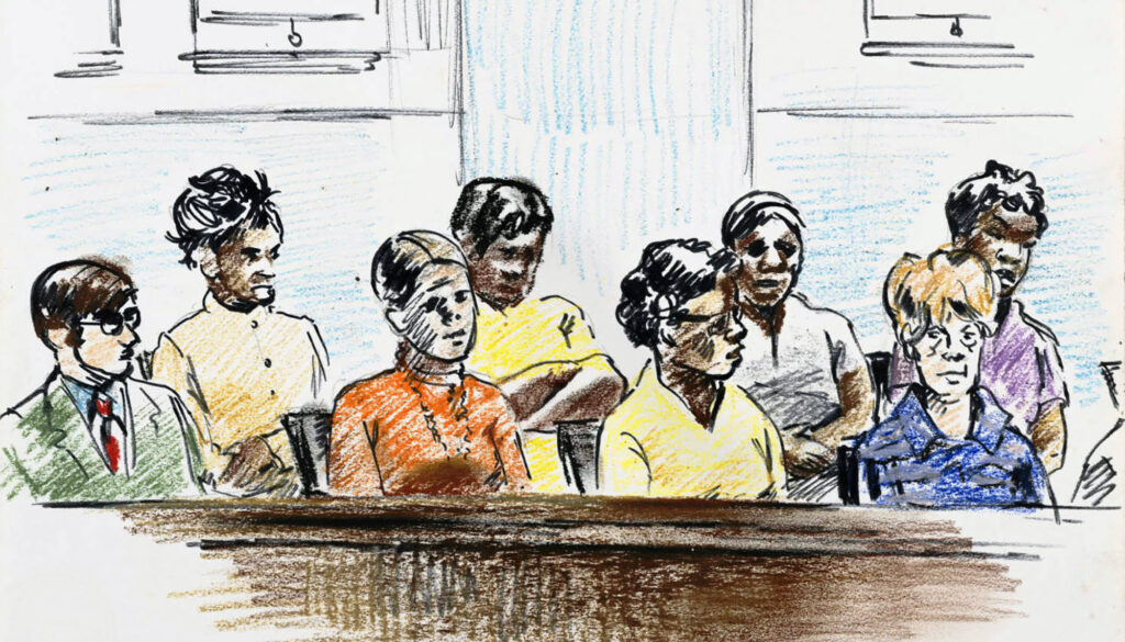 A courtroom sketch of a jury, done in pen, ink and pastels