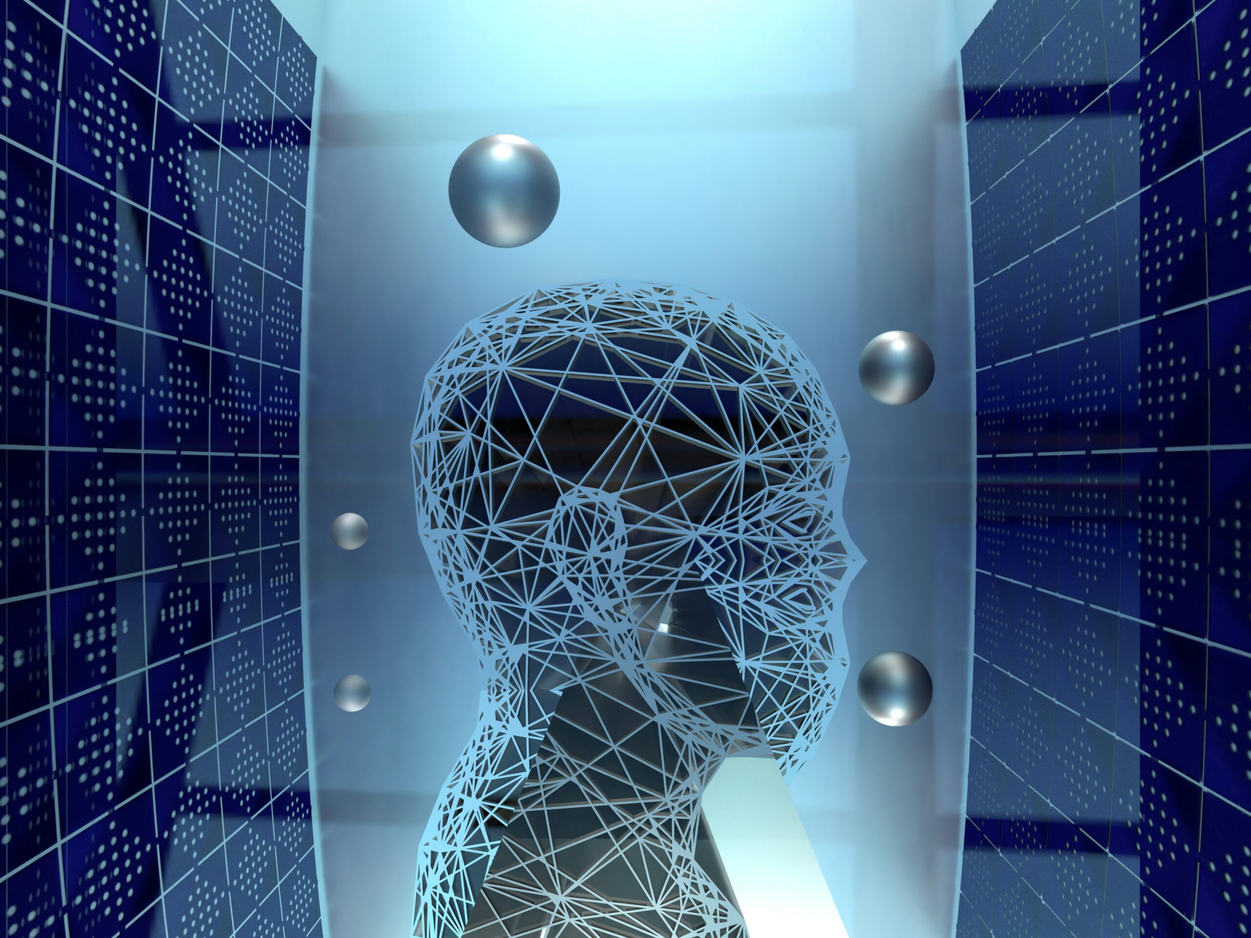 A digitized side angle of a human head, surrounded by data center walls, indicating the connection between computers and human sentience.