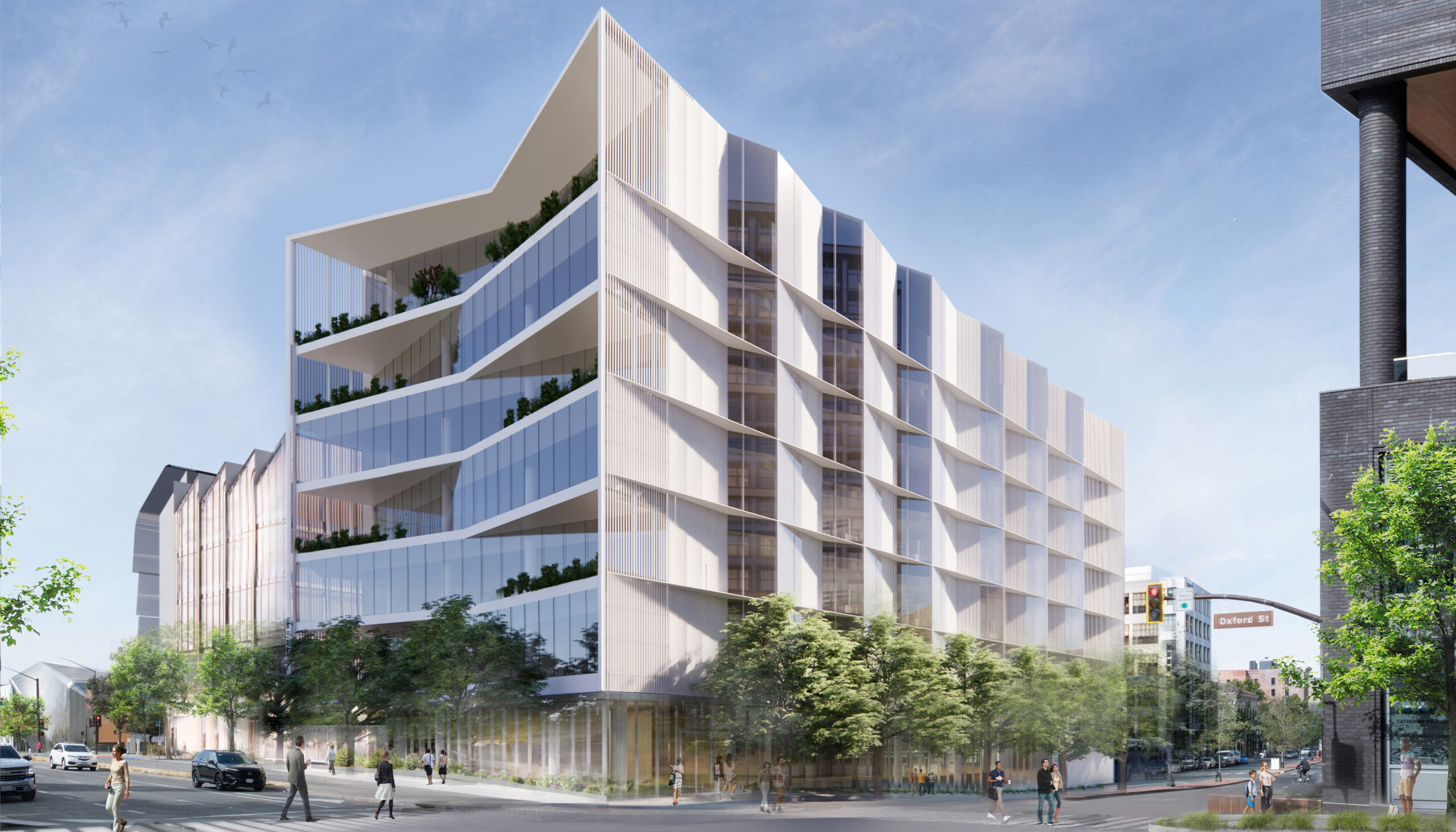 rendering of a glass-fronted, seven-story building with tree-lined streets and people walking around