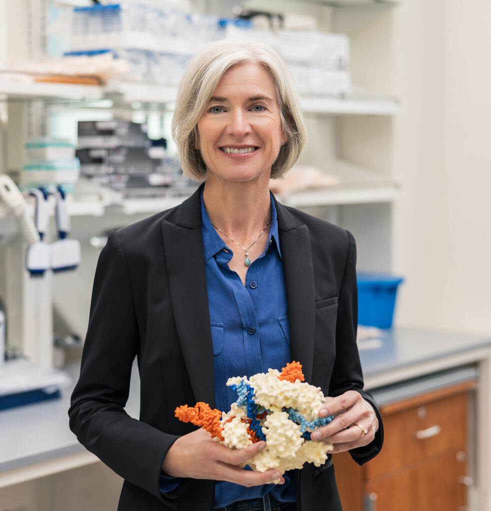 a smiling woman in a lab holding a plastic model of a molecule