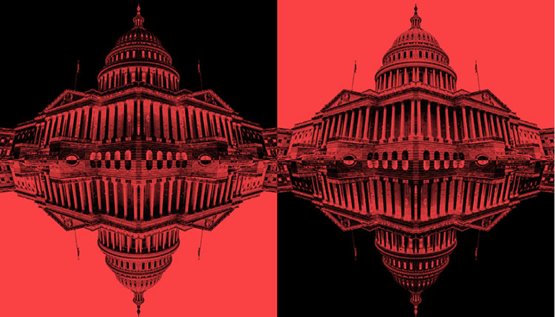an eerie illustration, in stark red and black, of the US Capitol inverted and mirrored