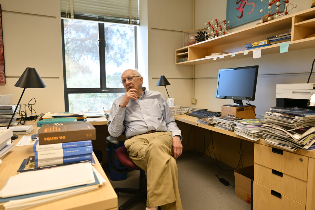 John Clarke is pictured in his office on the UC Berkeley campus.