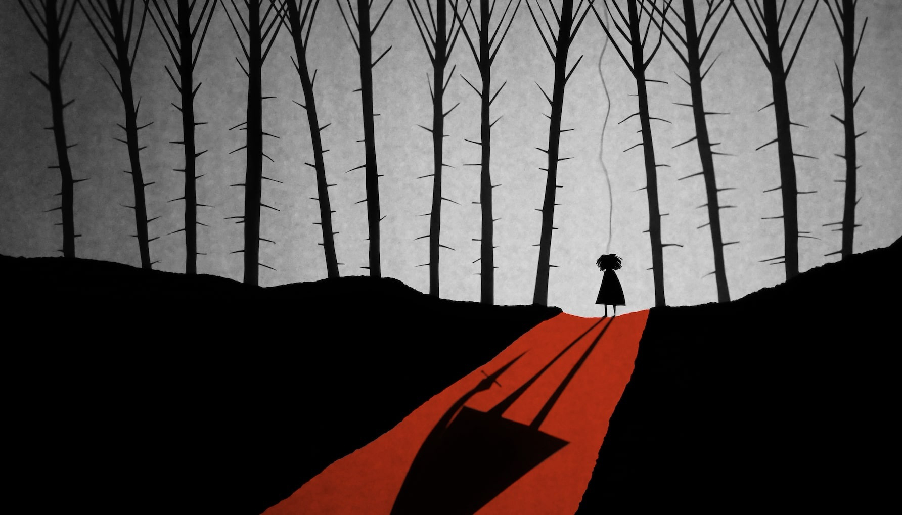 paper cutout shadows projected on a wall of a little girl entering a forest all alone