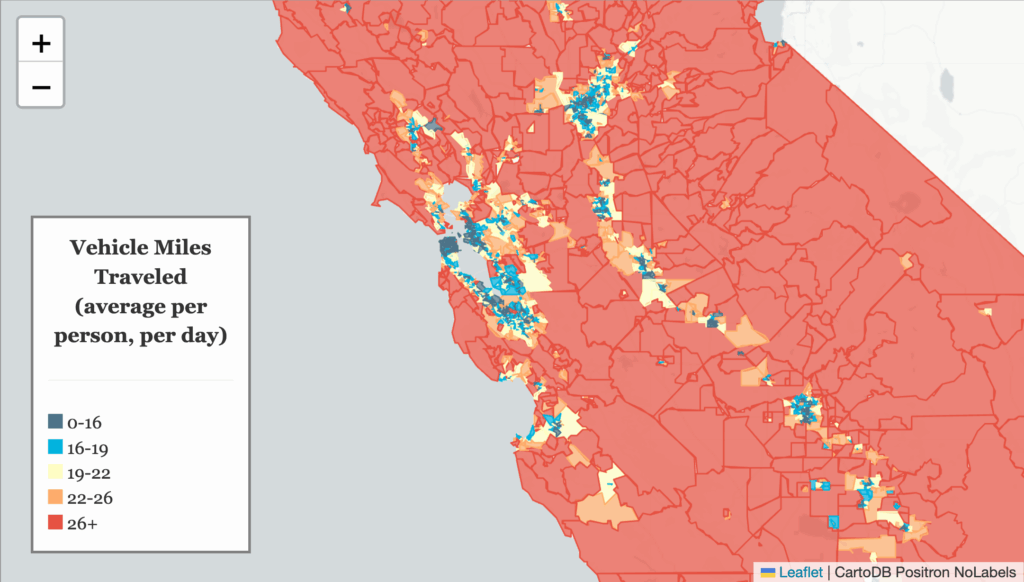 an image of the Bay Area (up to Santa Rosa and down to Santa Cruz/Carmel) shaded in red, orange, yellow, and blue. More urban areas have smaller cells. In general, there are blue/yellow areas clustered in urban areas, while coastal or rural areas are colored red. The corridor between Sacramento, Stockton, and Modesto is also yellow and blue.